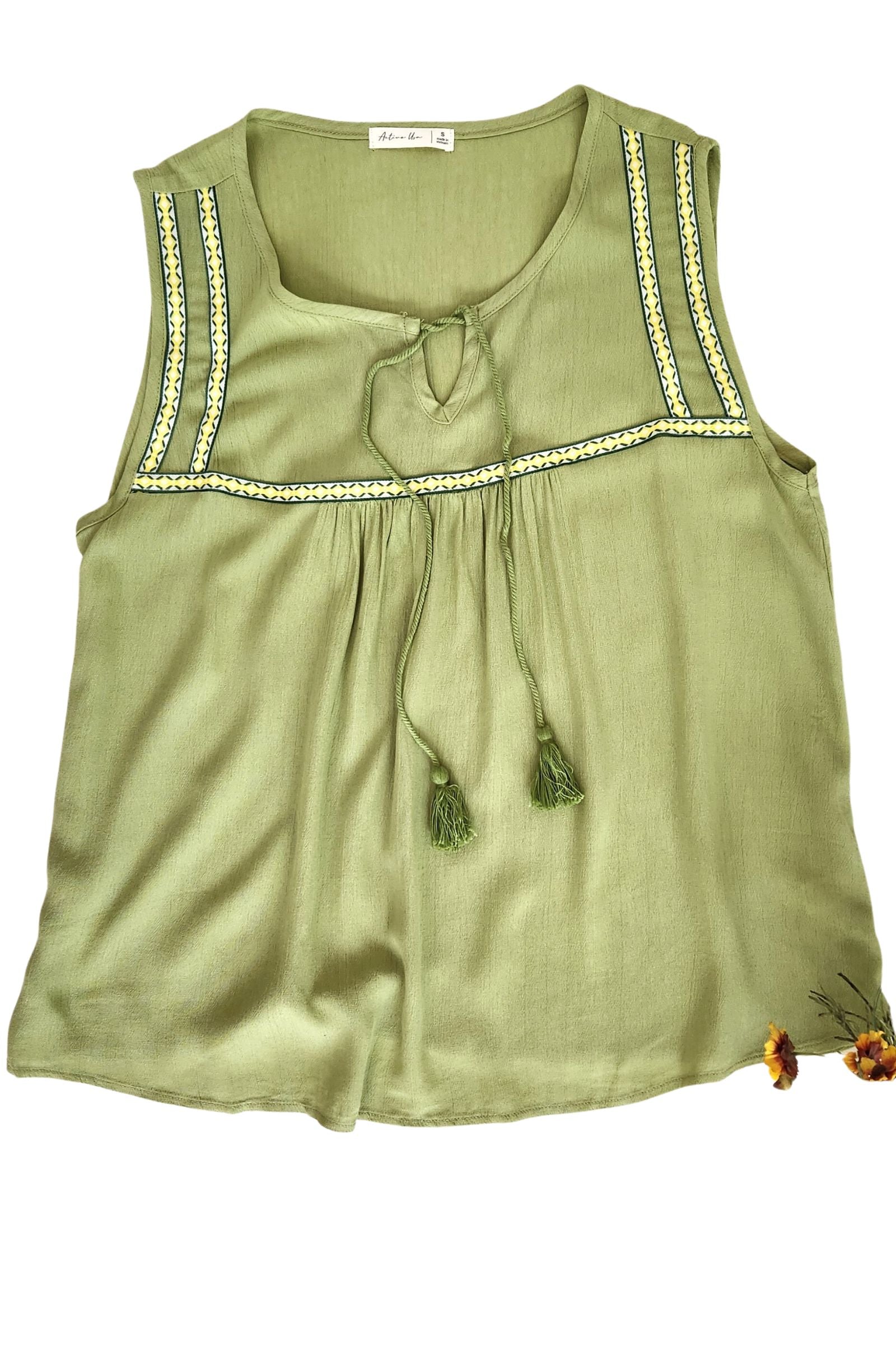 Sleeveless Embroidered Trim Top