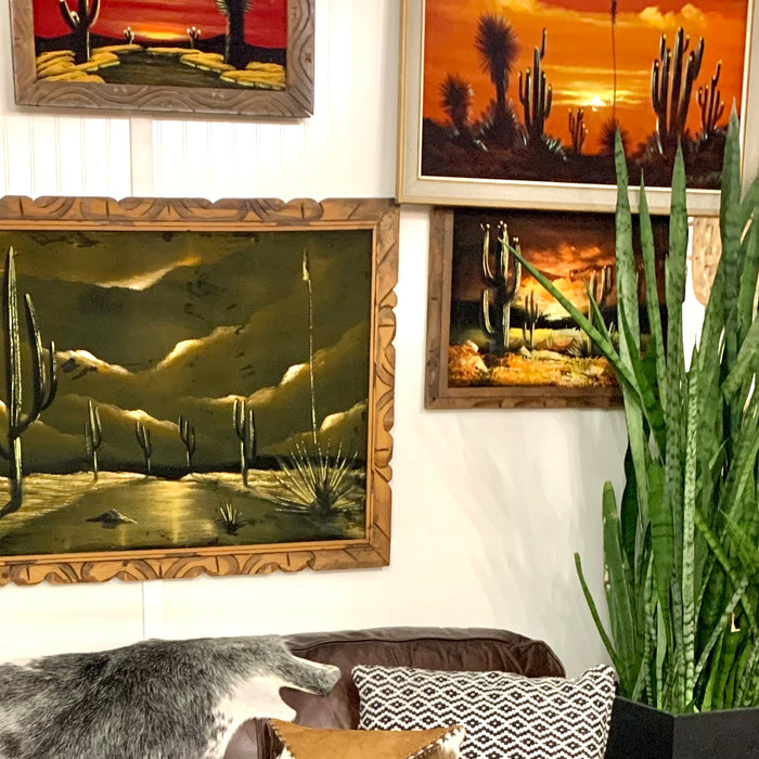 Vintage Black Velvet Cactus Paintings Gallery Wall