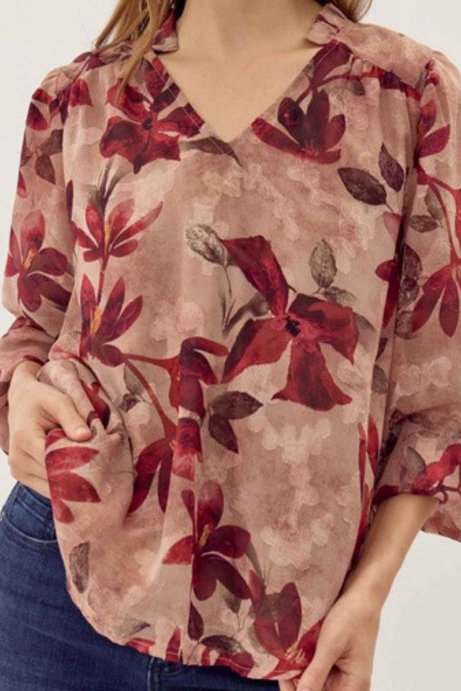 Burgundy Floral Poet Sleeve Top