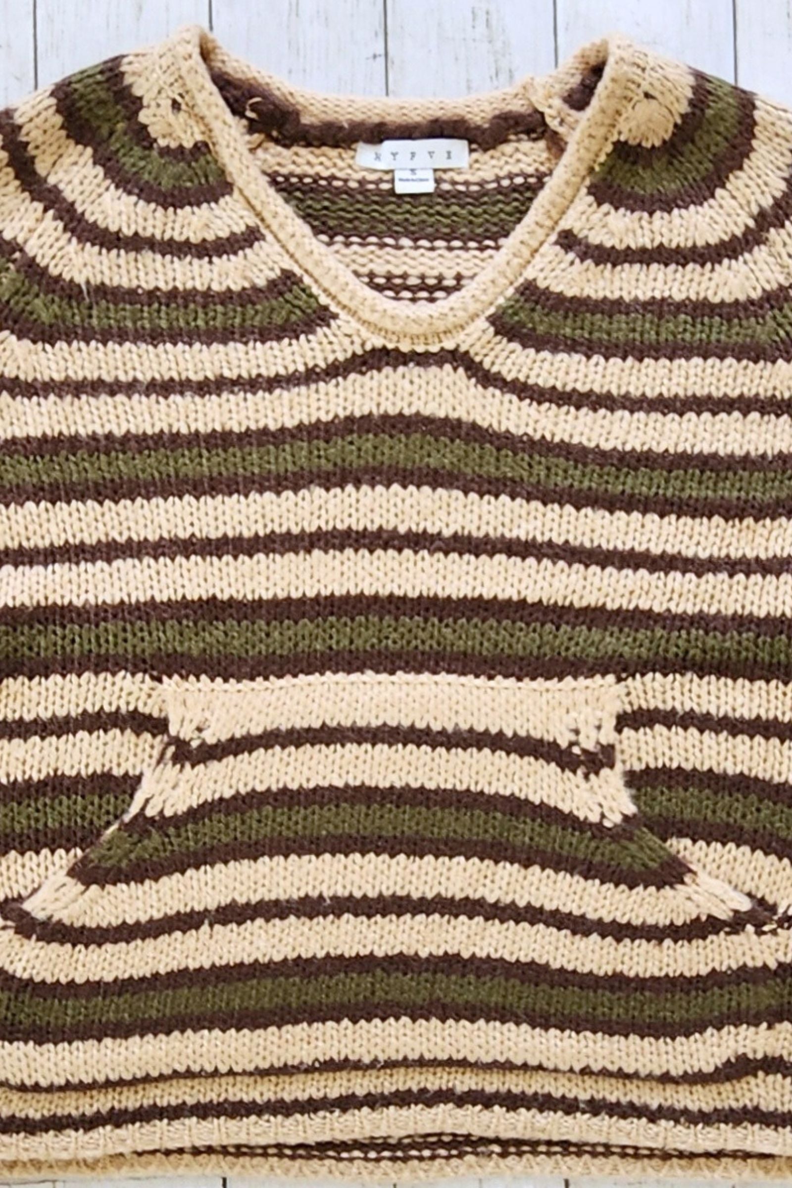 Taupe and Olive Kangaroo Striped Pocket Sweater