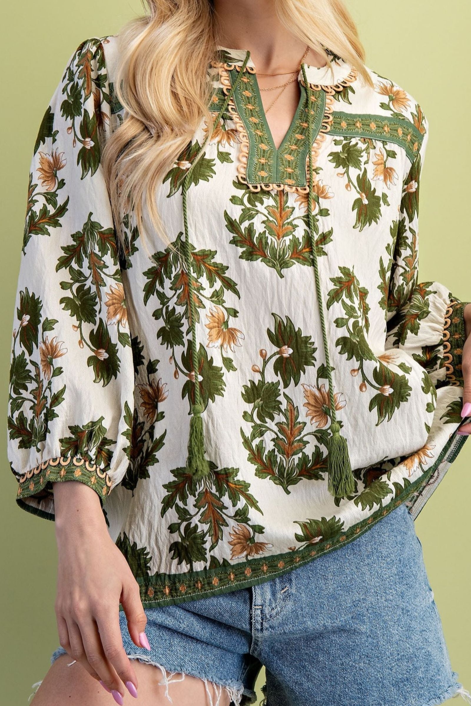 Olive Harvest Floral Tie Front Blouse