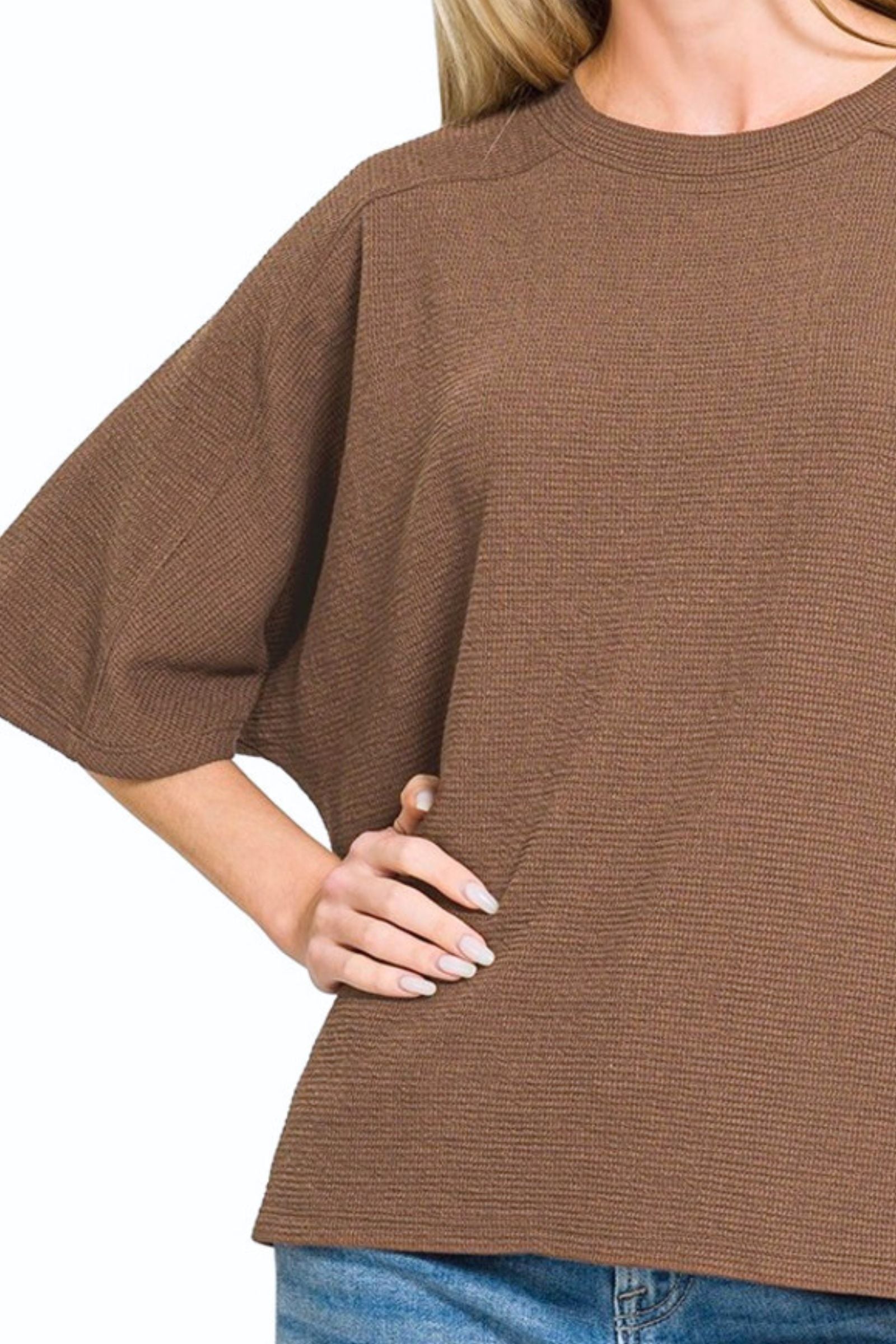 Brown Textured Knit Short Sleeve Top