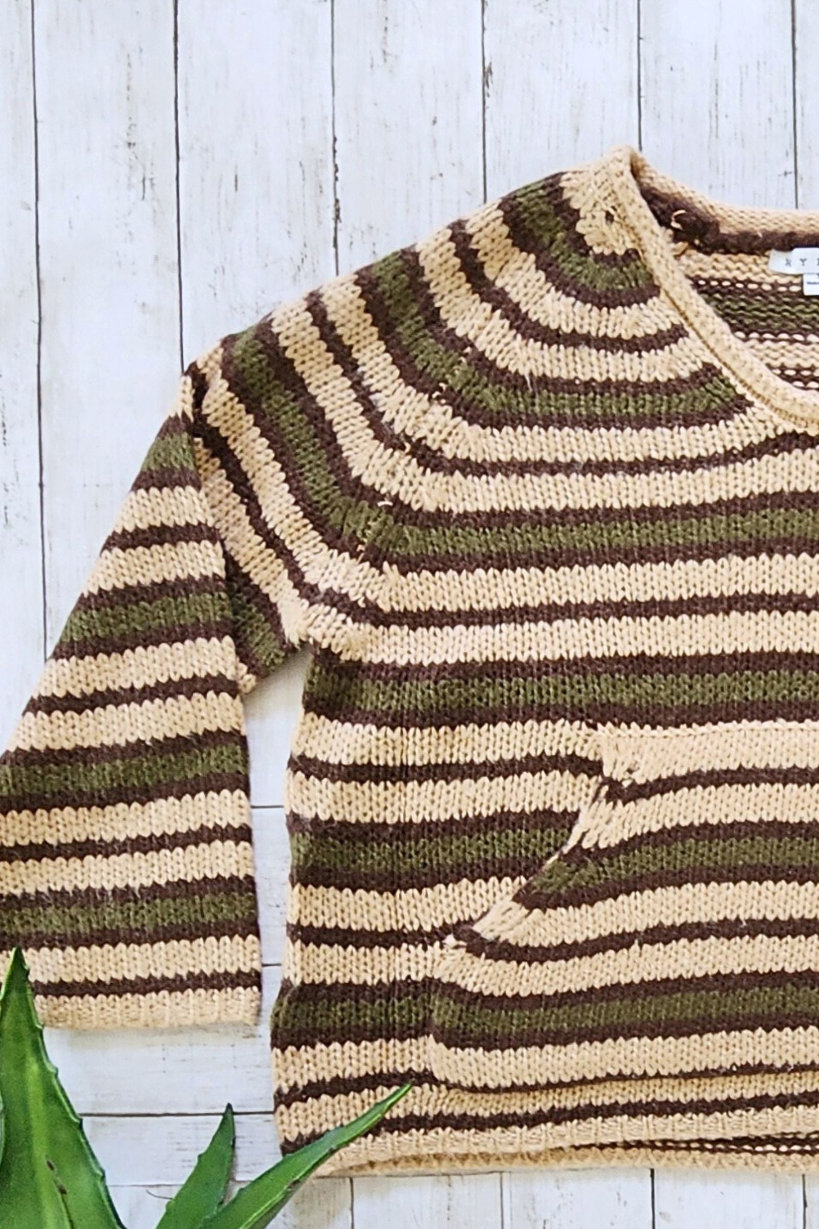 Taupe and Olive Kangaroo Striped Pocket Sweater