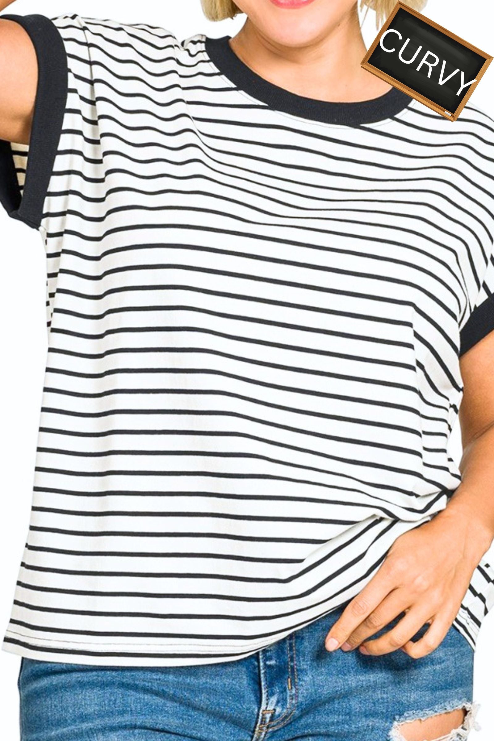 CURVY Cream & Black Stripe Cap Sleeve Top