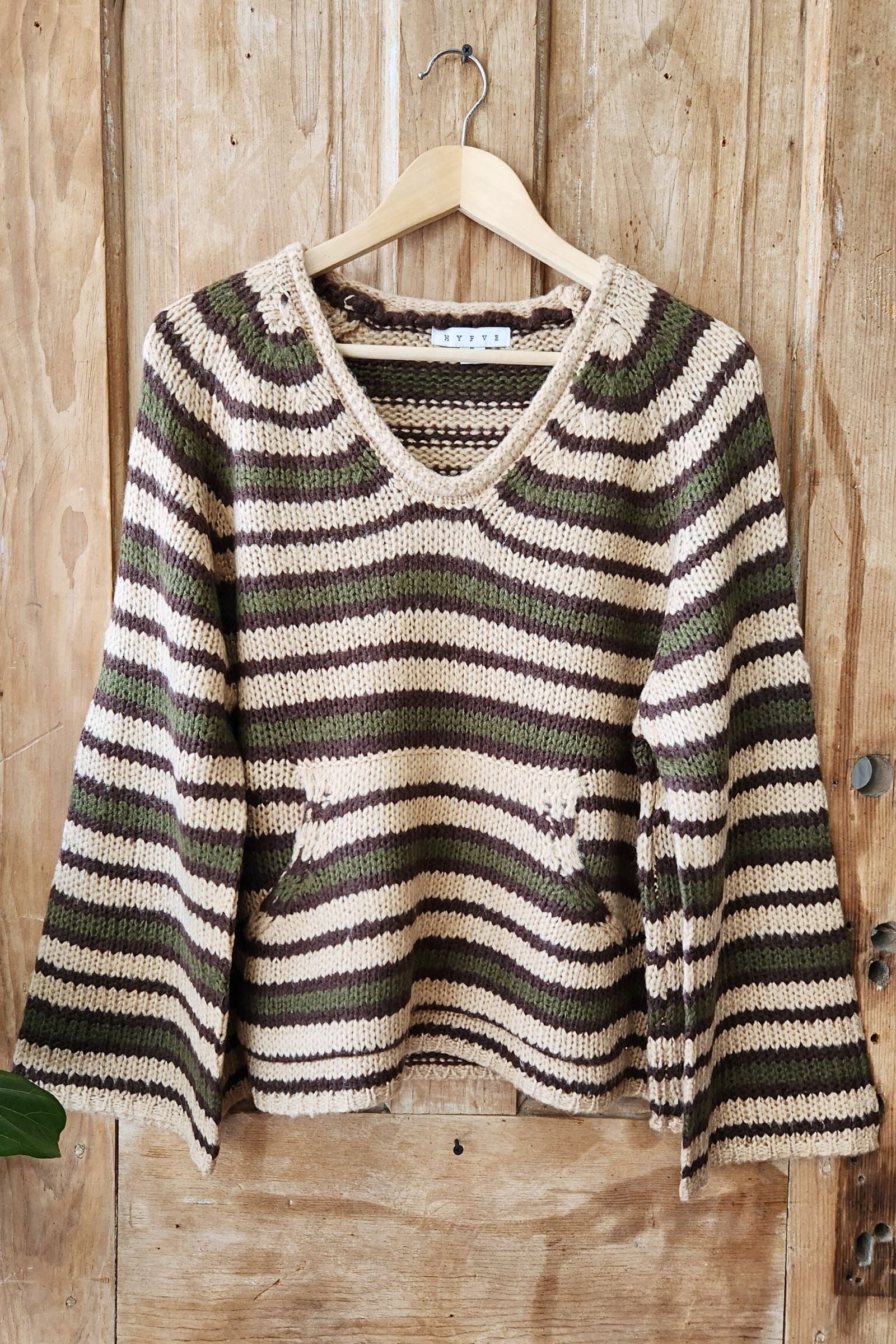 Taupe and Olive Kangaroo Striped Pocket Sweater