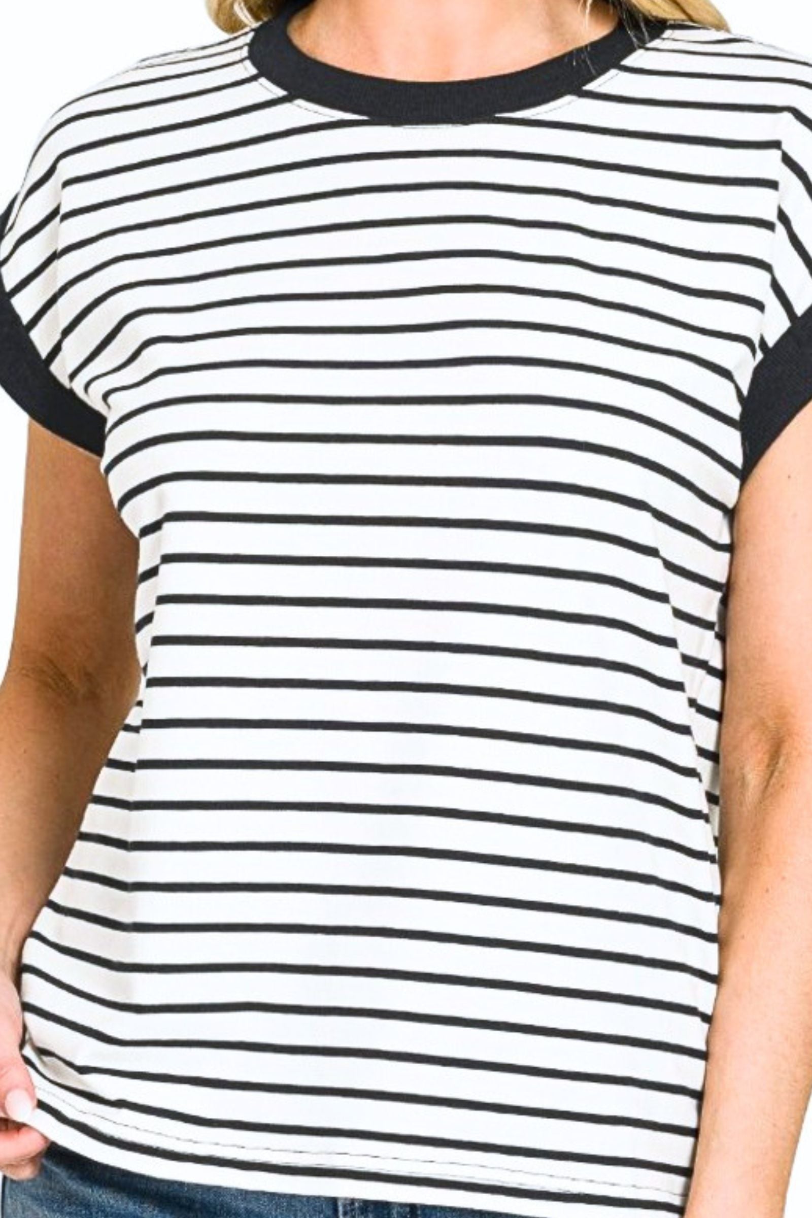 Cream & Black Stripe Cap Sleeve Top