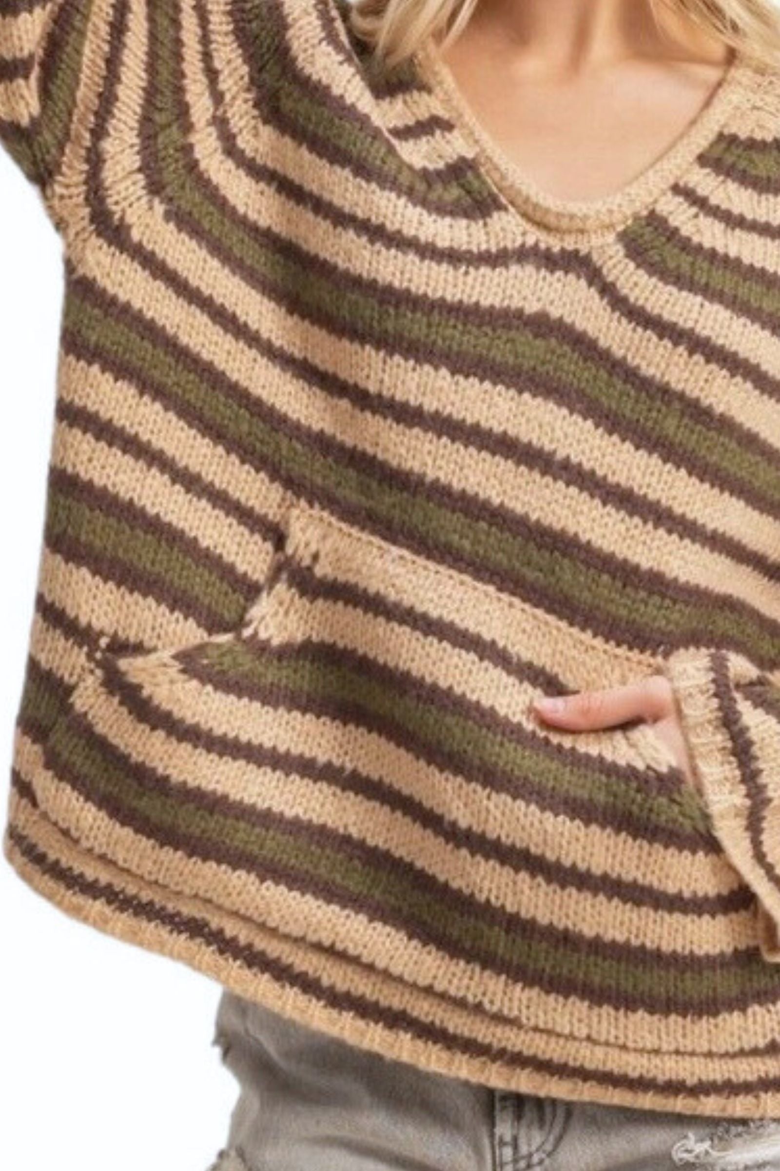 Taupe and Olive Kangaroo Striped Pocket Sweater