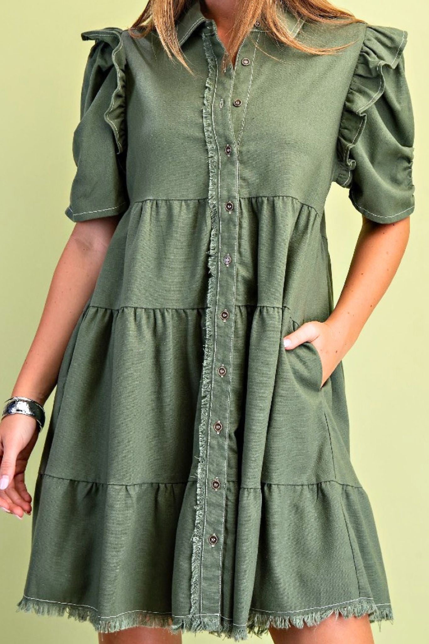 Olive Linen Blend Button Down Tiered Dress