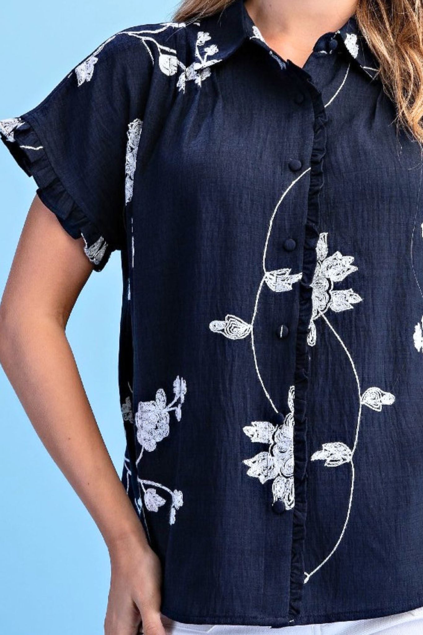 Navy & White Embroidered Floral Blouse