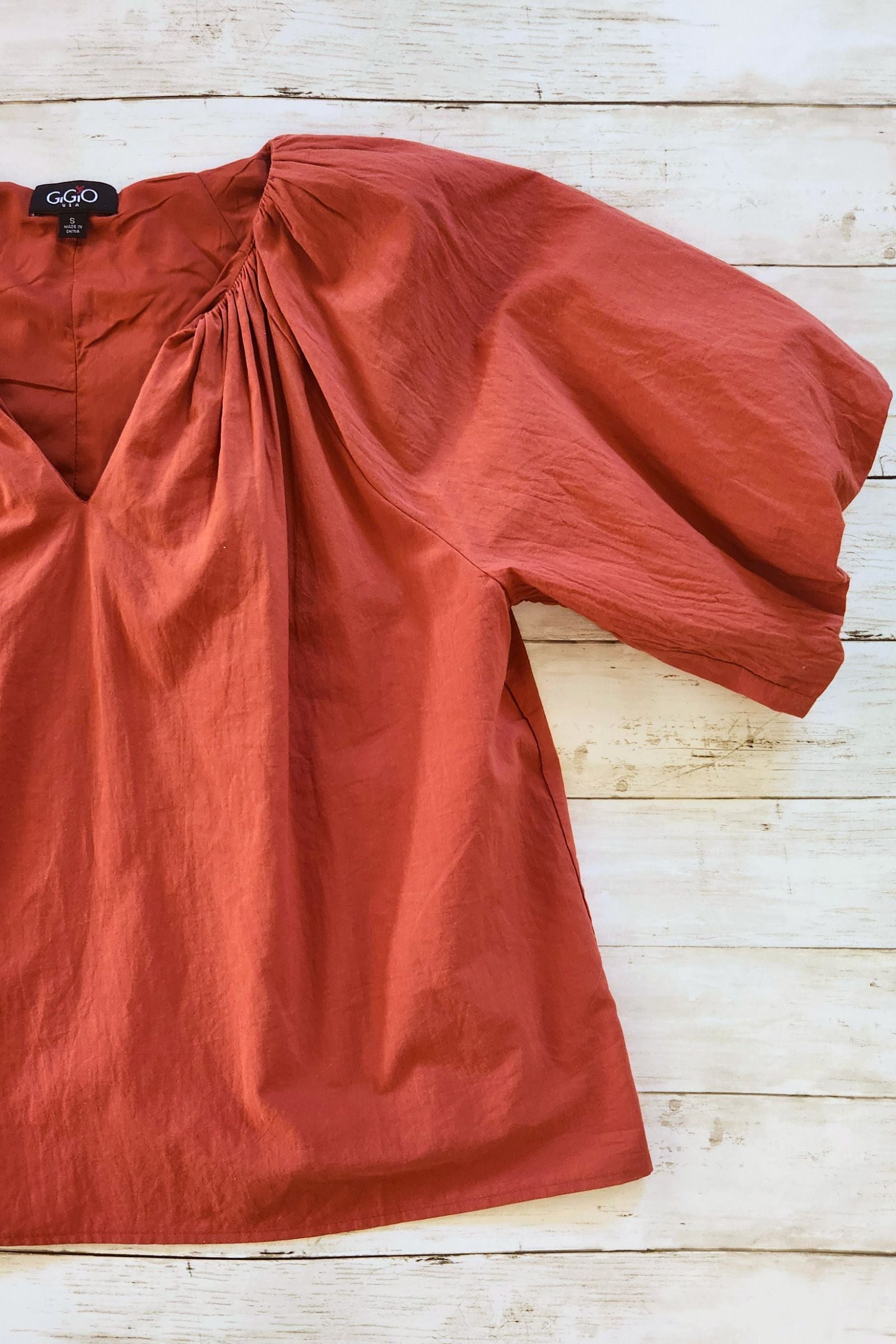 Brick Puff Sleeve V Neck Top