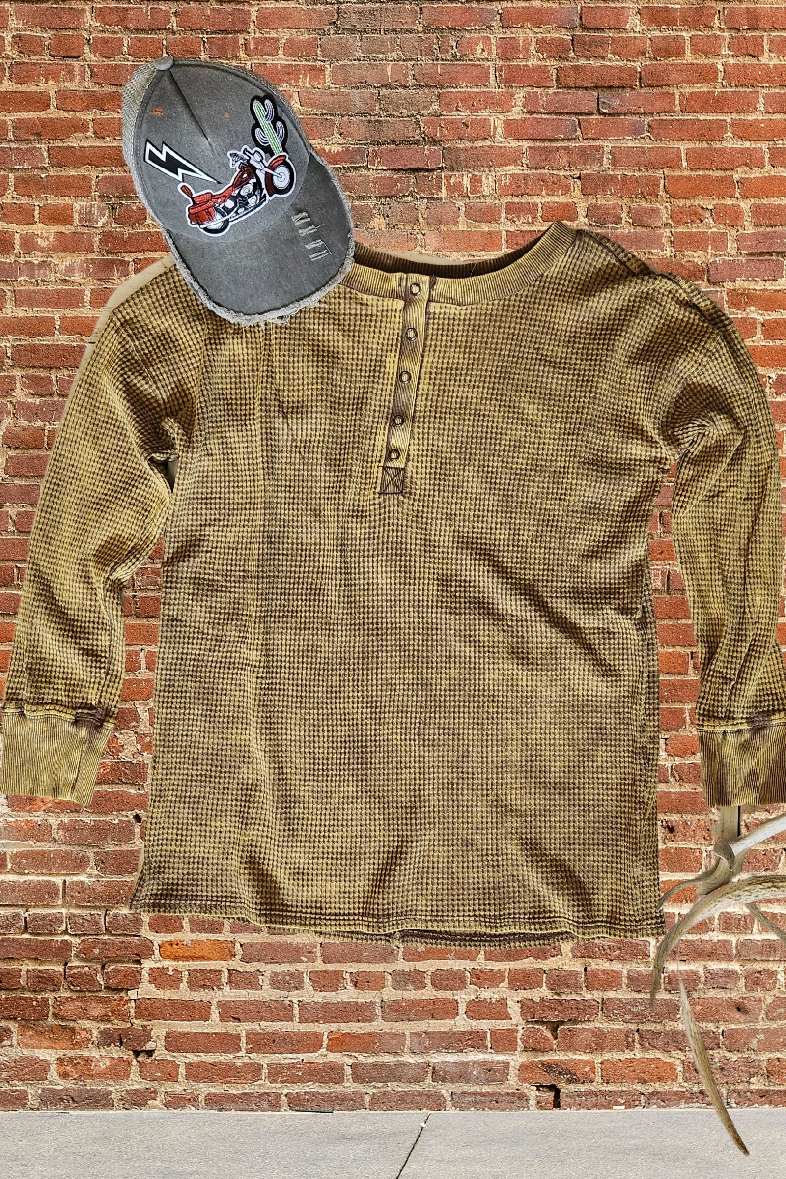 Mocha Washed Waffle Henley Top