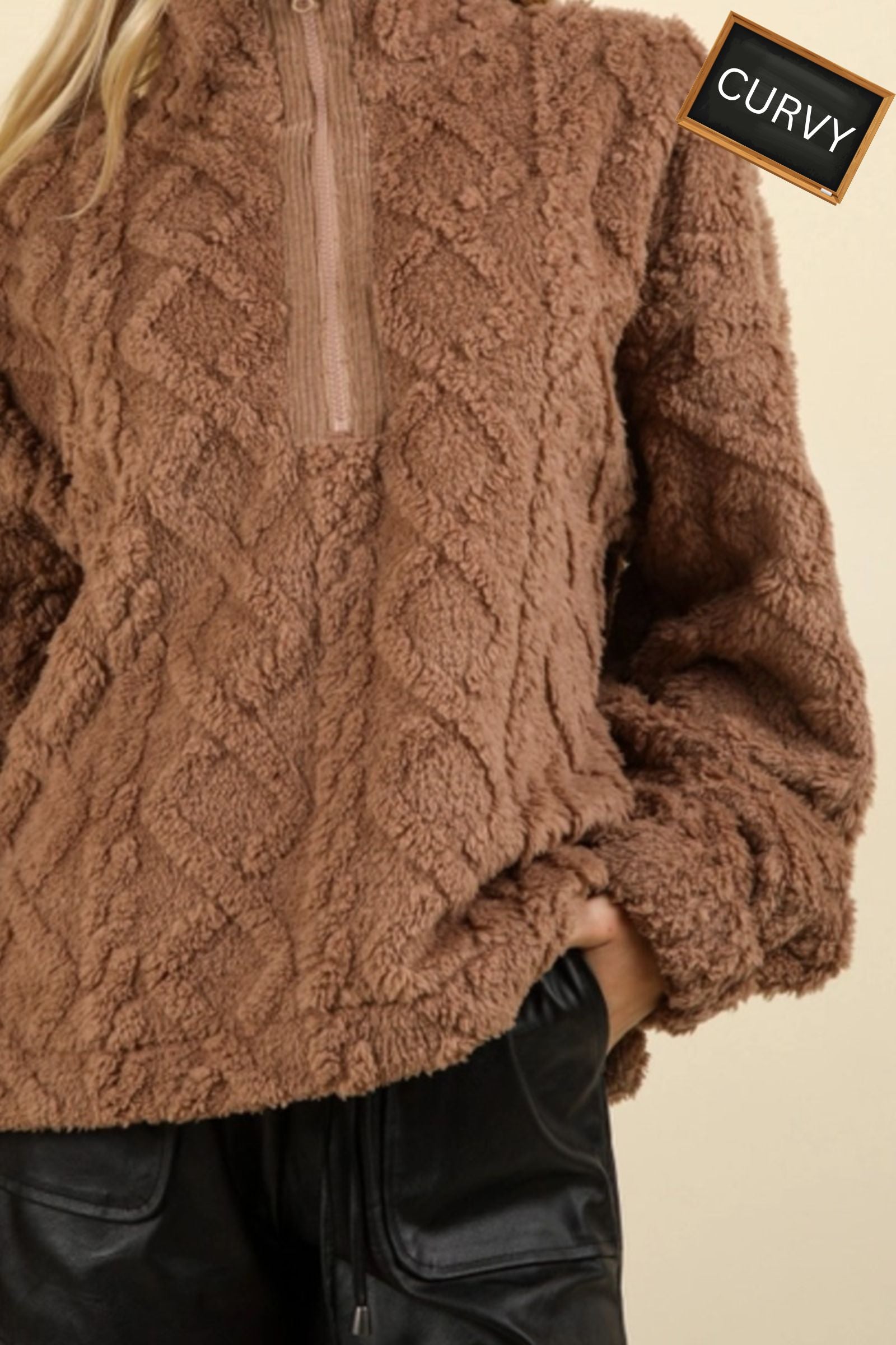 CURVY Mocha Cable Fuzzy Fleece Pullover Top