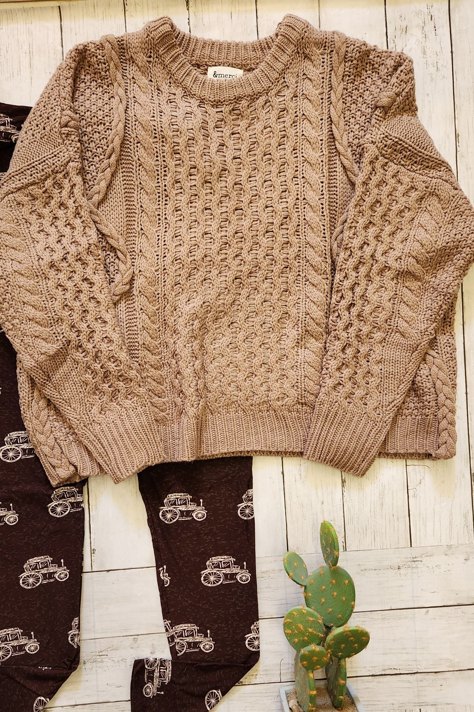 Taupe Mixed Braid Cable Knit Sweater
