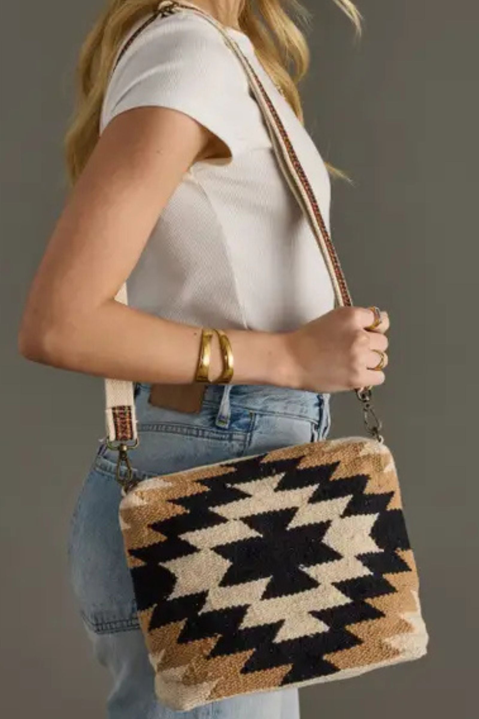 Cream & Black & Tan Western Crossbody Bag