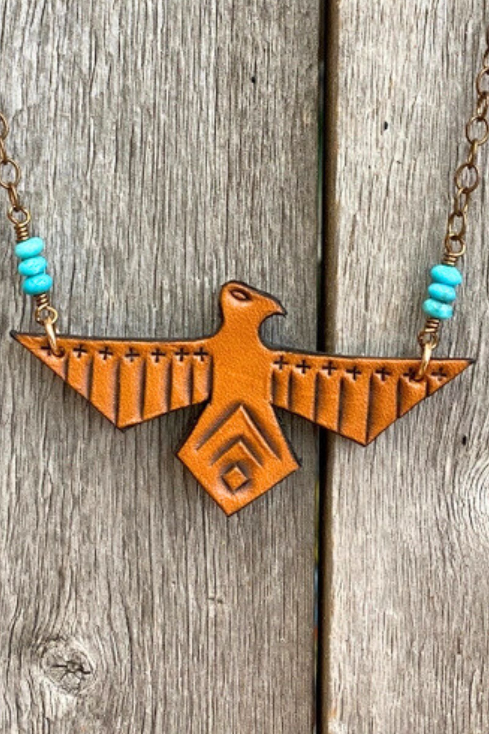 Tooled Leather Thunderbird Necklace