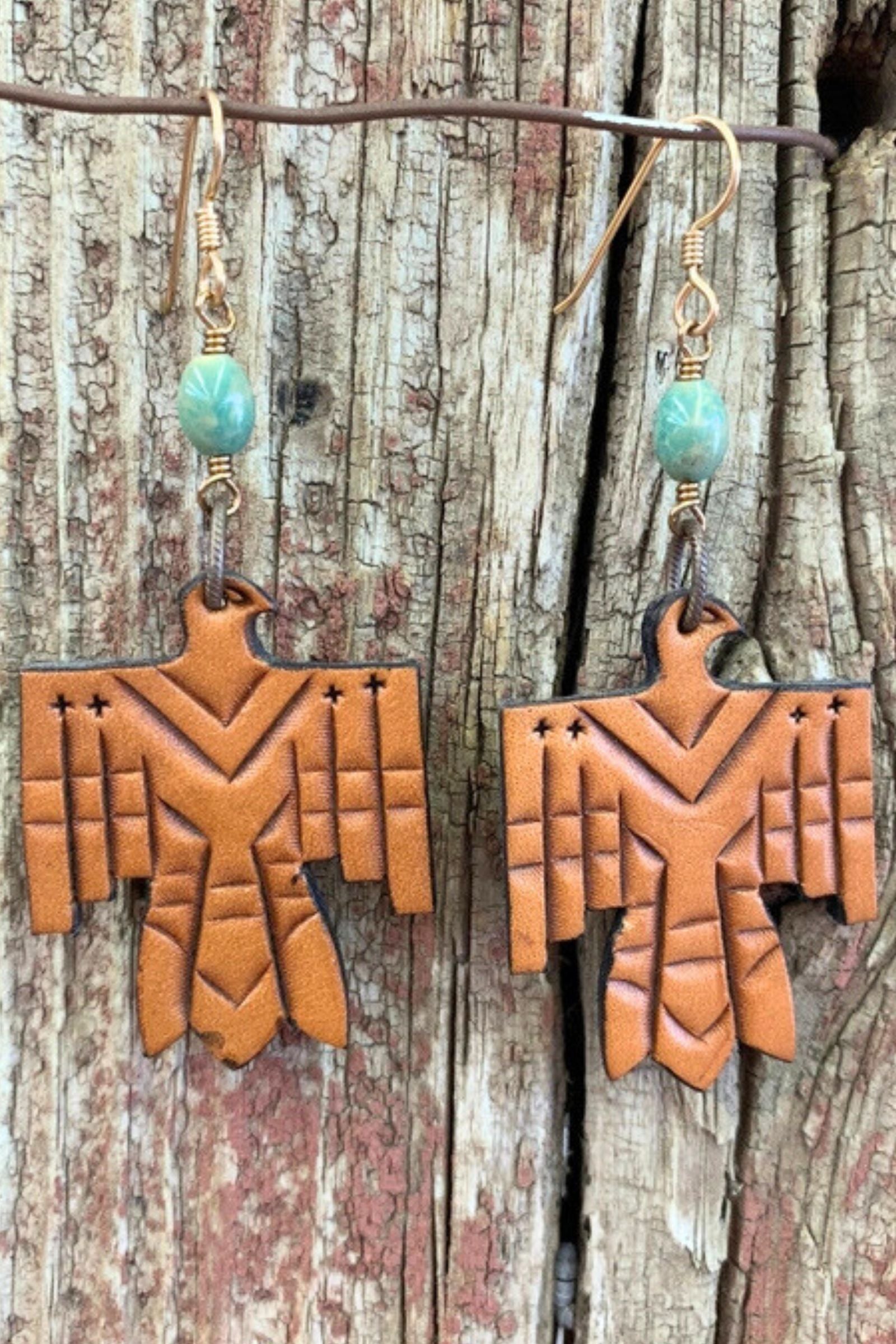 Tooled Leather & Turquoise Thunderbird Earrings