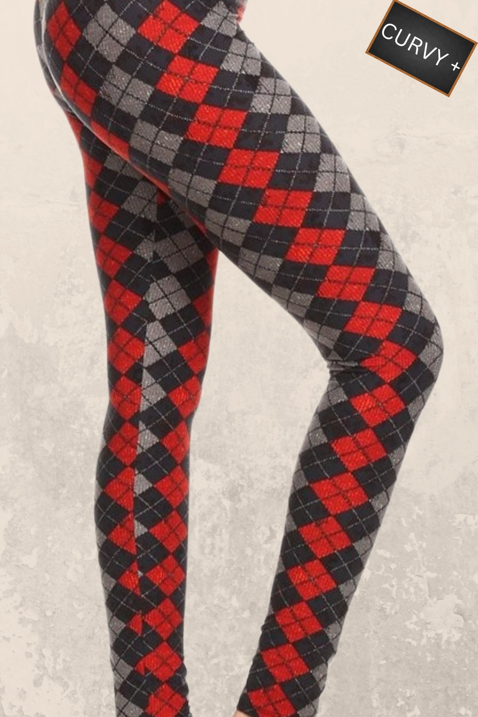 CURVY PLUS Red & Gray Argyle Elastic Leggings