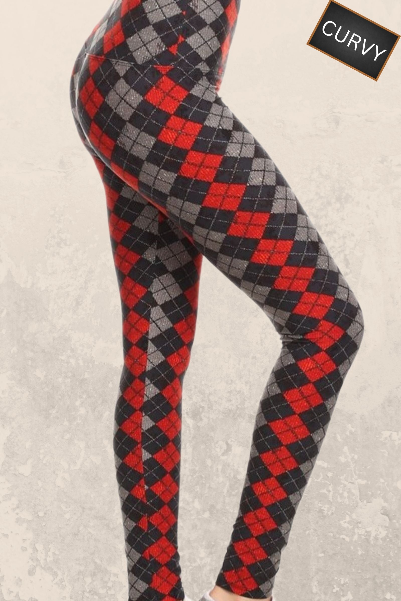 CURVY Red & Gray Argyle Yoga Leggings