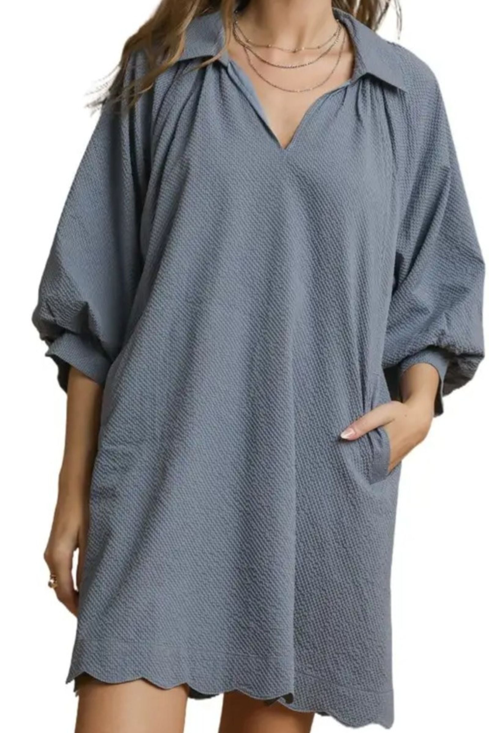 Steel Blue Split V Neck Dress