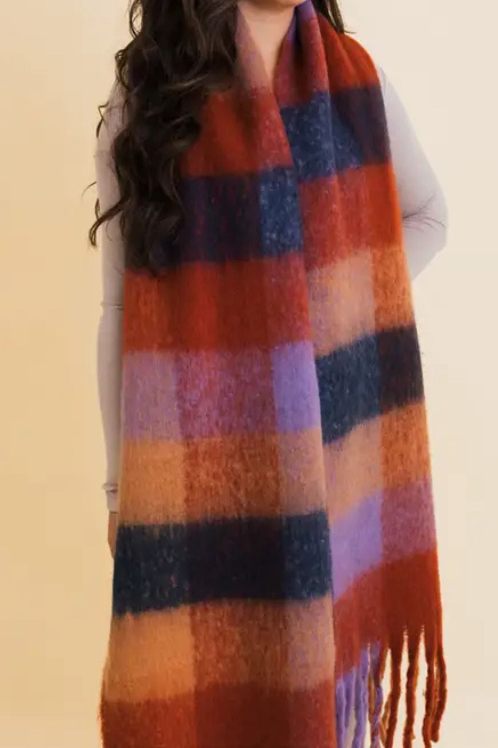 Berry Check Cozy Knit Tassel Scarf