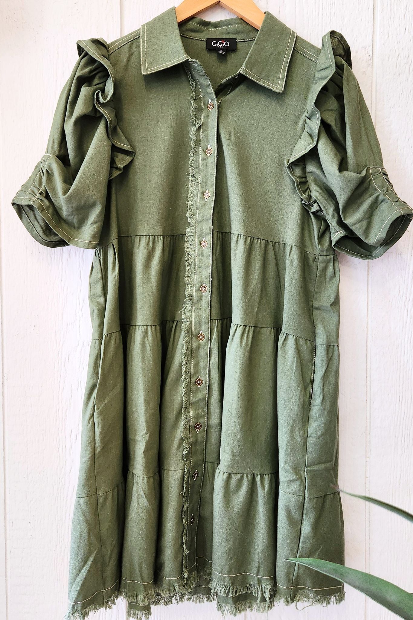 Olive Linen Blend Button Down Tiered Dress