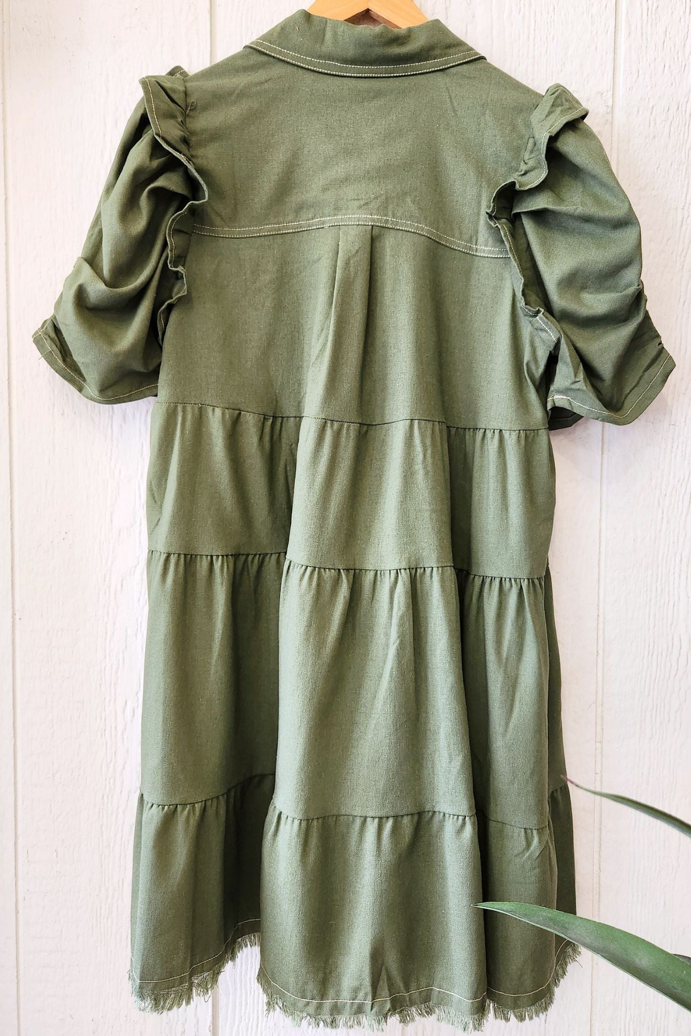 Olive Linen Blend Button Down Tiered Dress