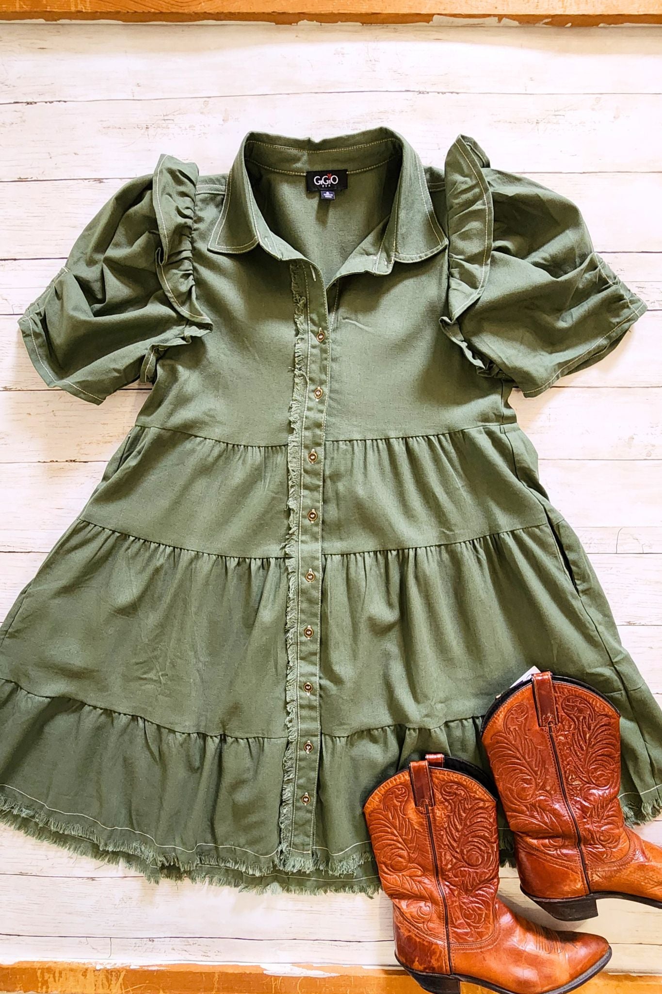 Olive Linen Blend Button Down Tiered Dress