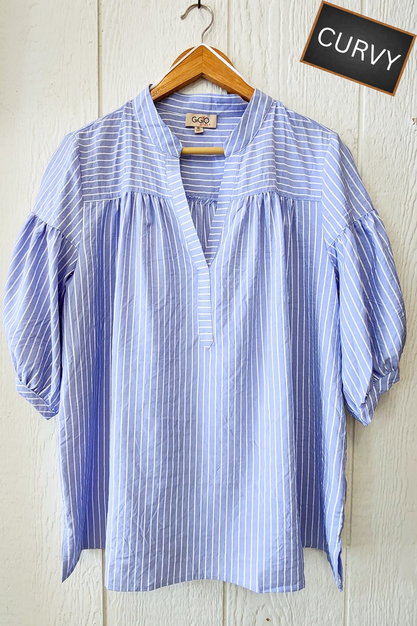 CURVY Pinstripe Bubble Sleeve Blouse