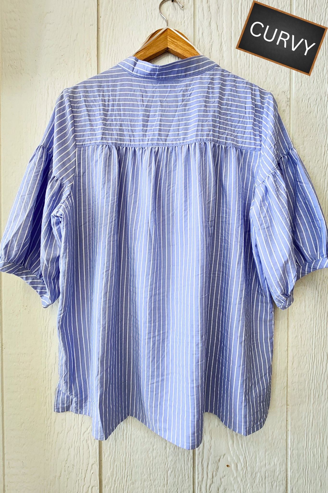 CURVY Pinstripe Bubble Sleeve Blouse