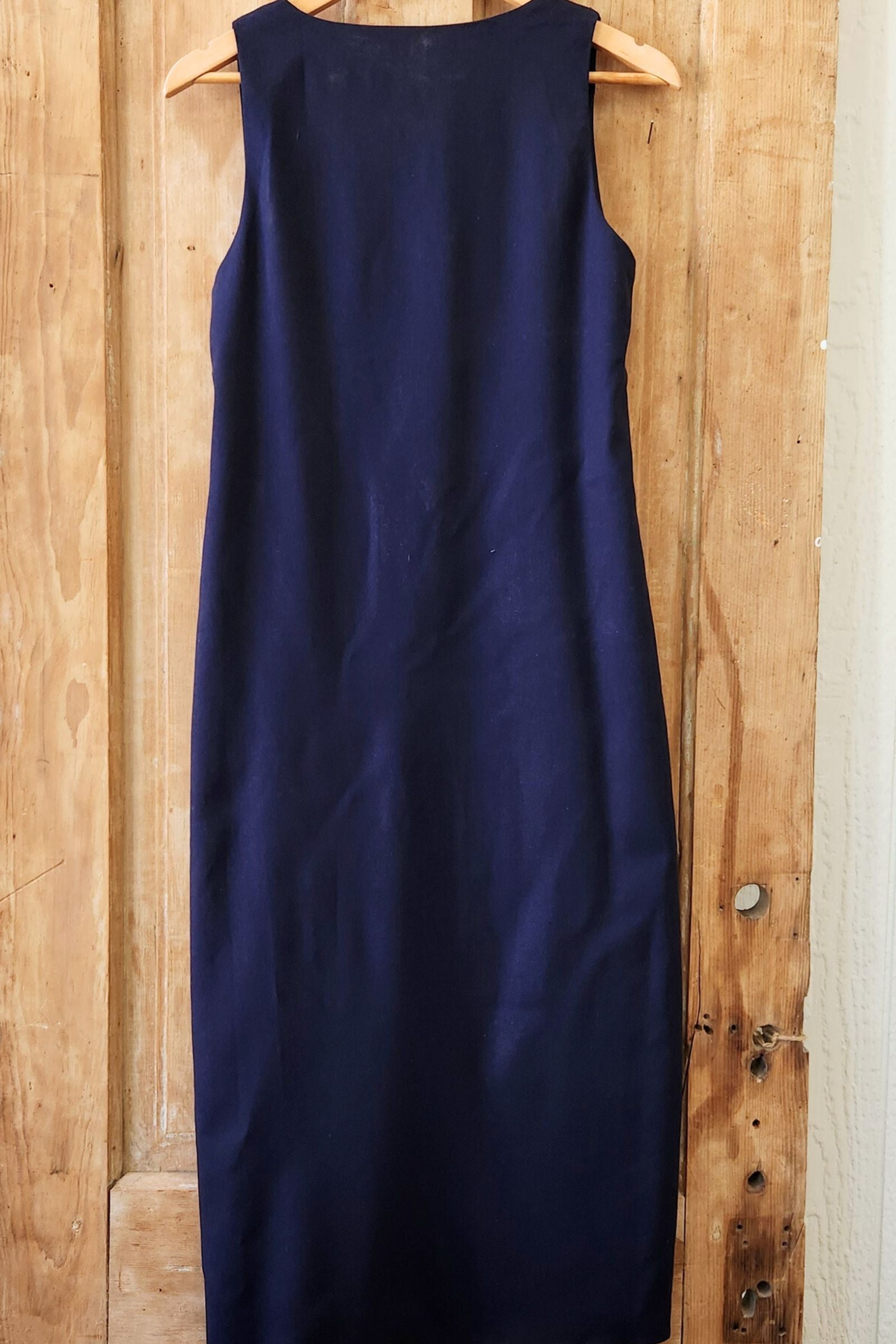 Navy Linen V Neck Midi Dress