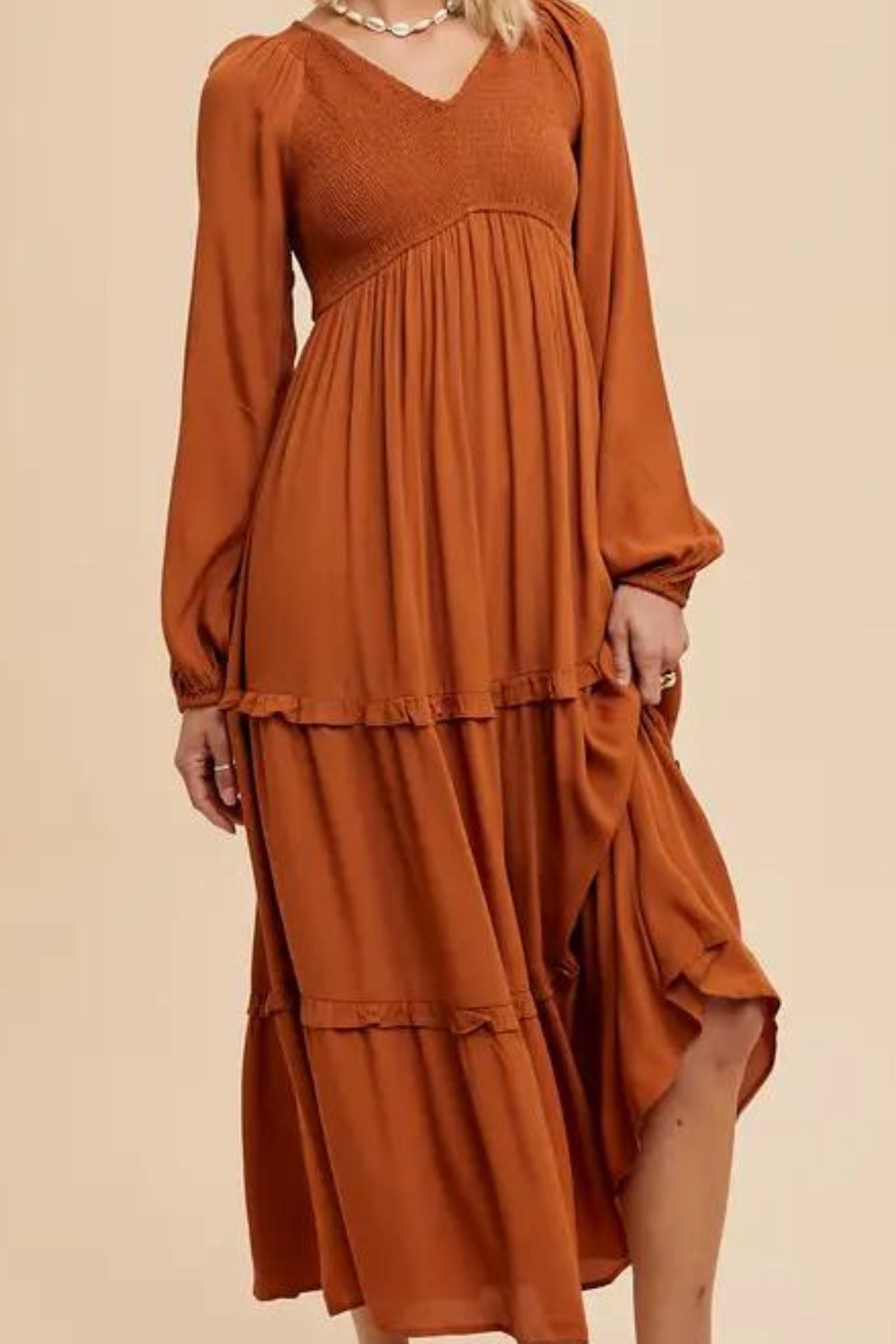 Sepia Smocked Ruffle Maxi Dress