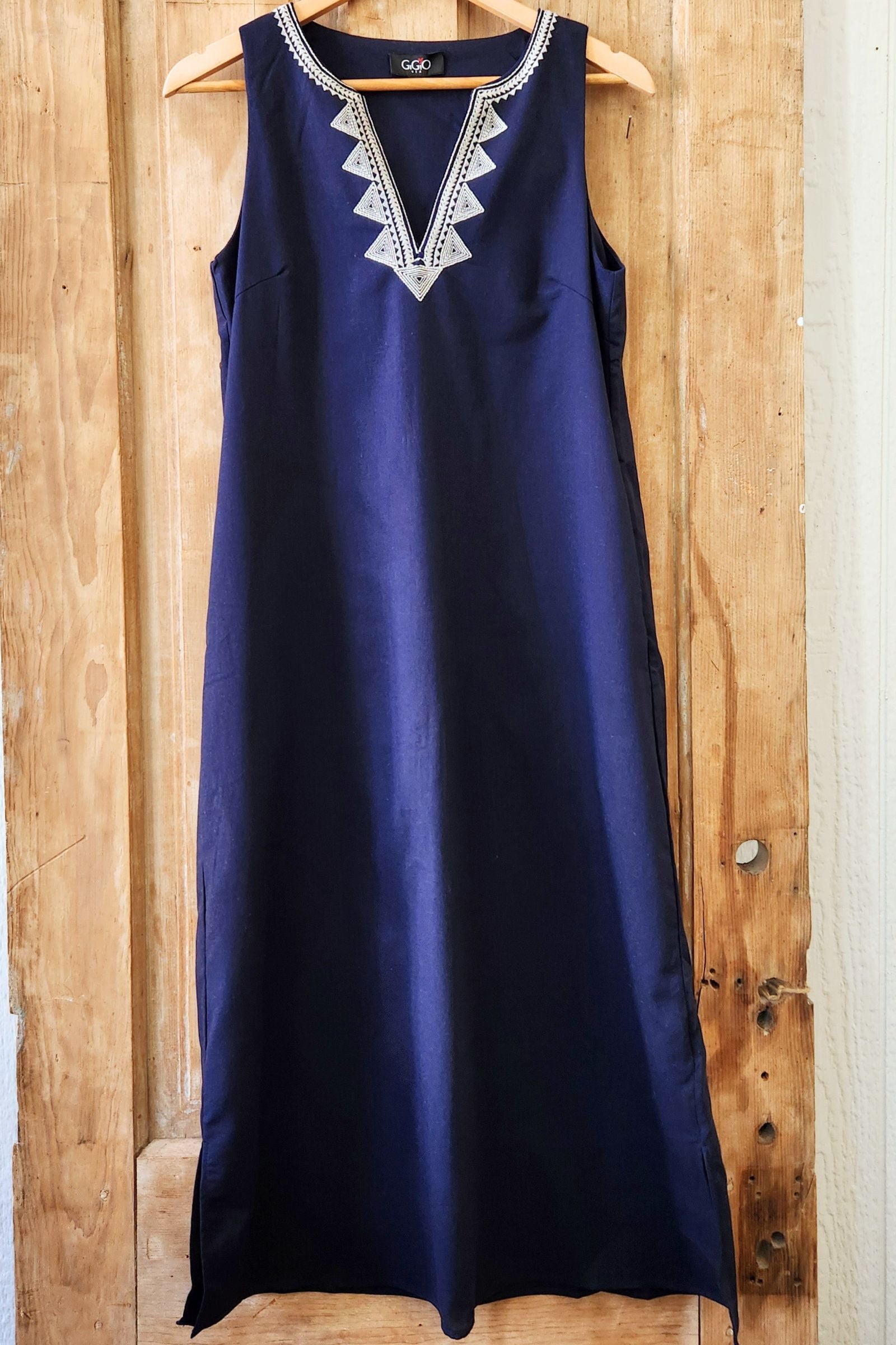 Navy Linen V Neck Midi Dress