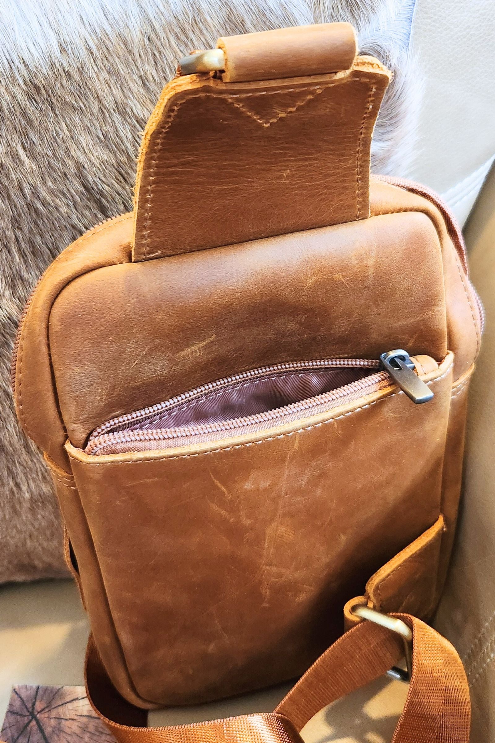 Light Brown Leather Travel Crossbody Bag