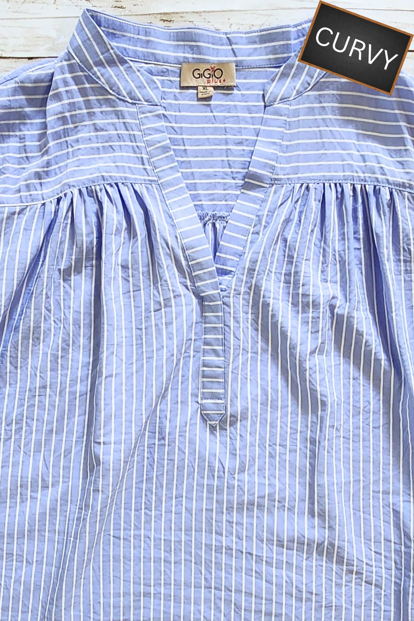 CURVY Pinstripe Bubble Sleeve Blouse