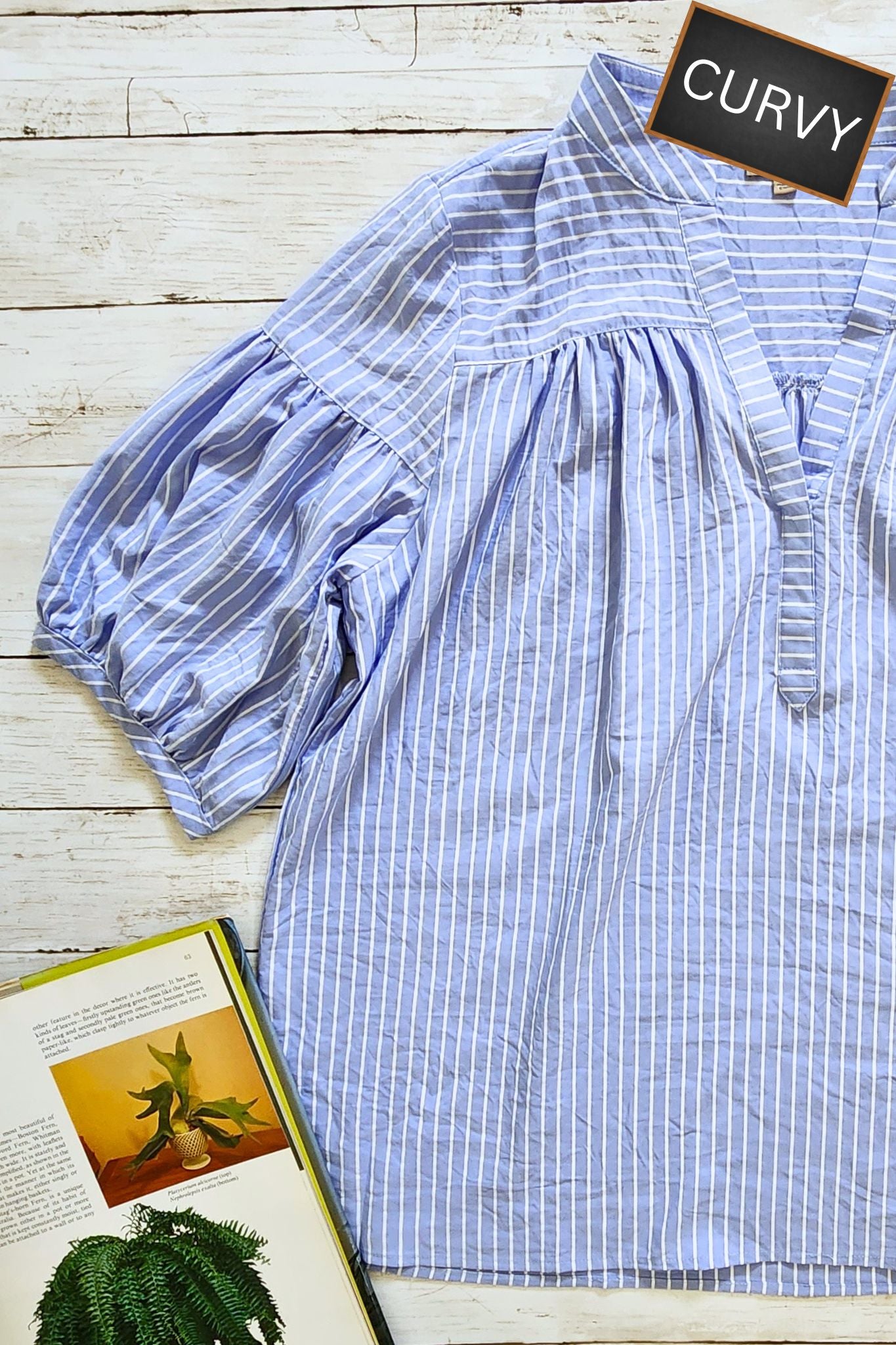 CURVY Pinstripe Bubble Sleeve Blouse