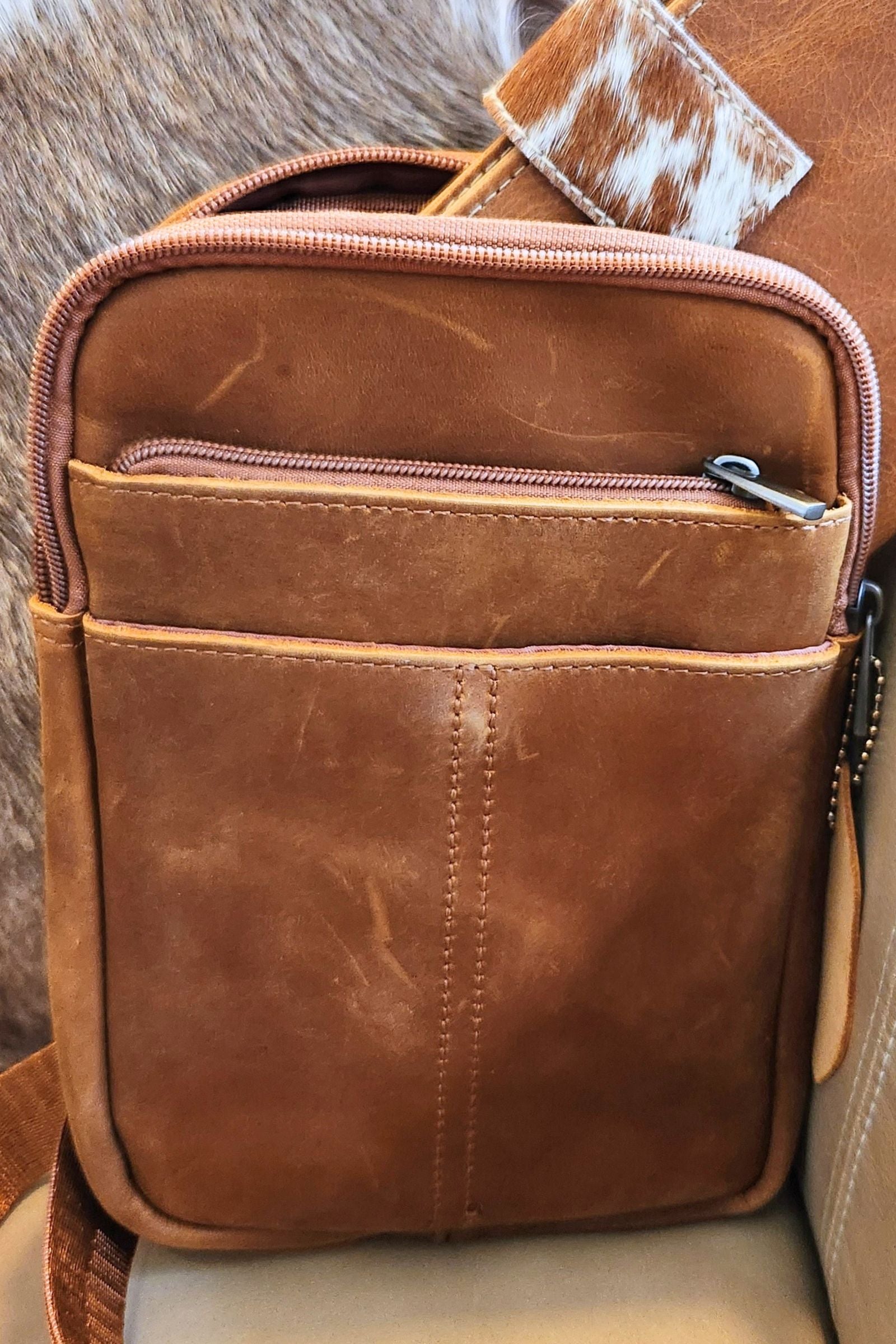 Light Brown Leather Travel Crossbody Bag