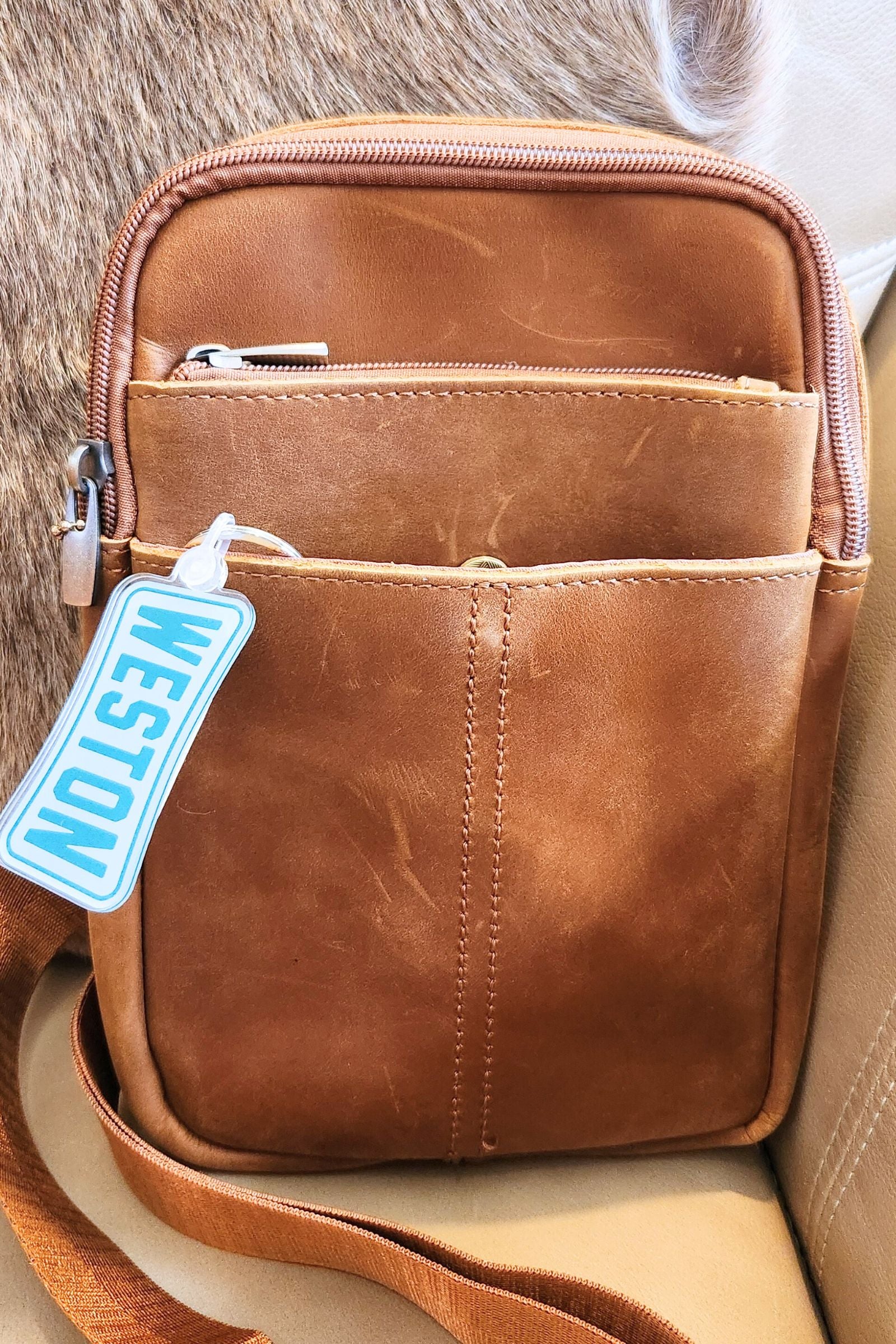 Light Brown Leather Travel Crossbody Bag