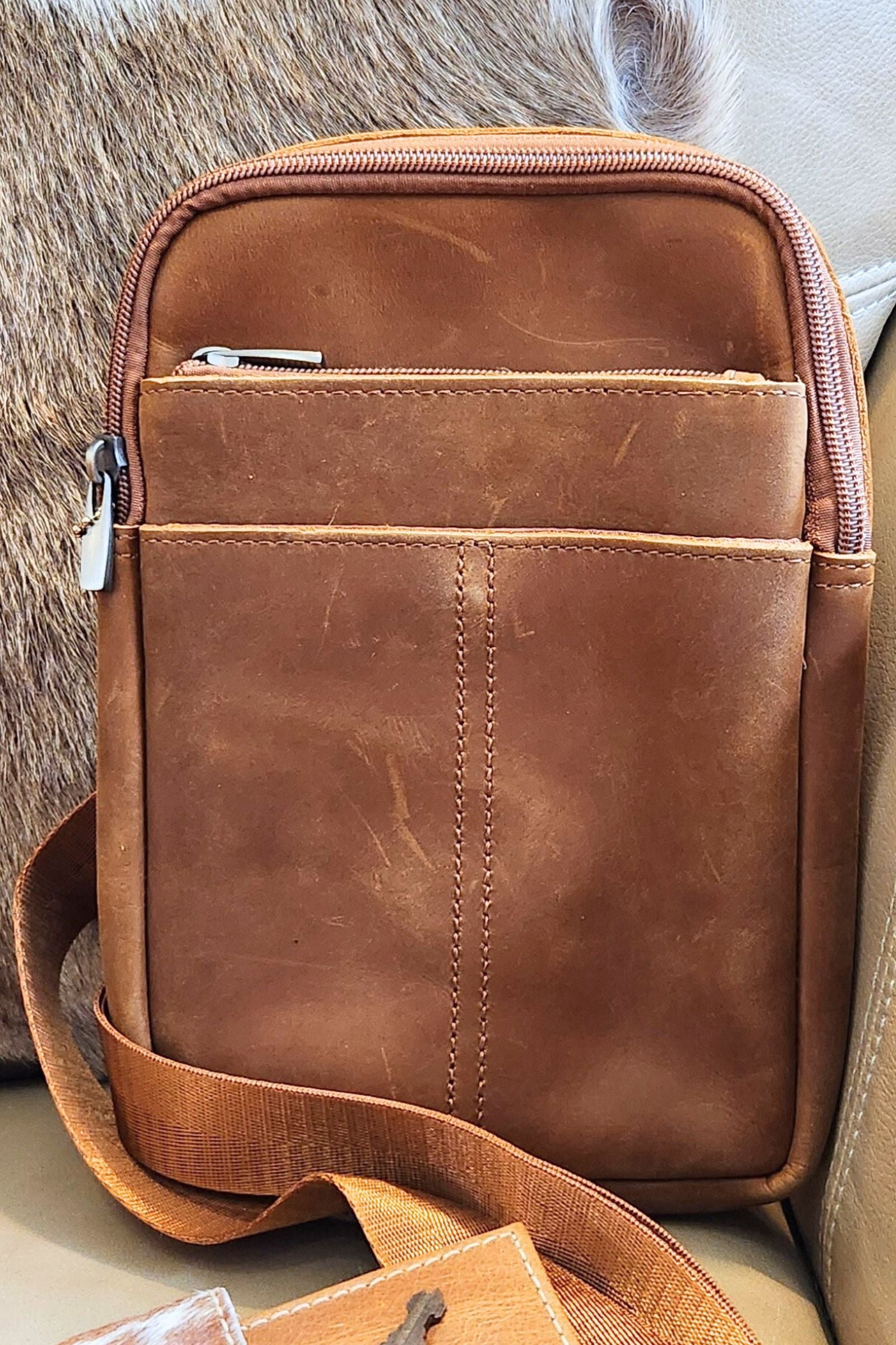 Light Brown Leather Travel Crossbody Bag