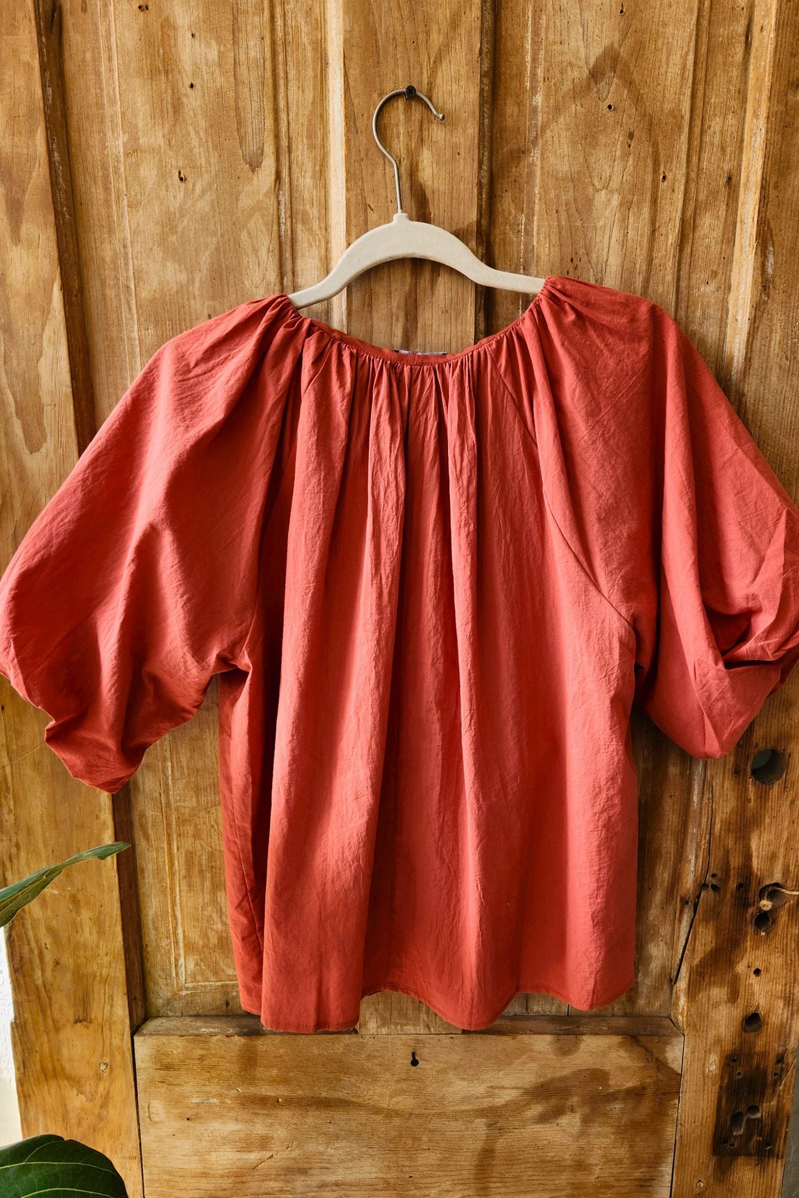 Brick Puff Sleeve V Neck Top