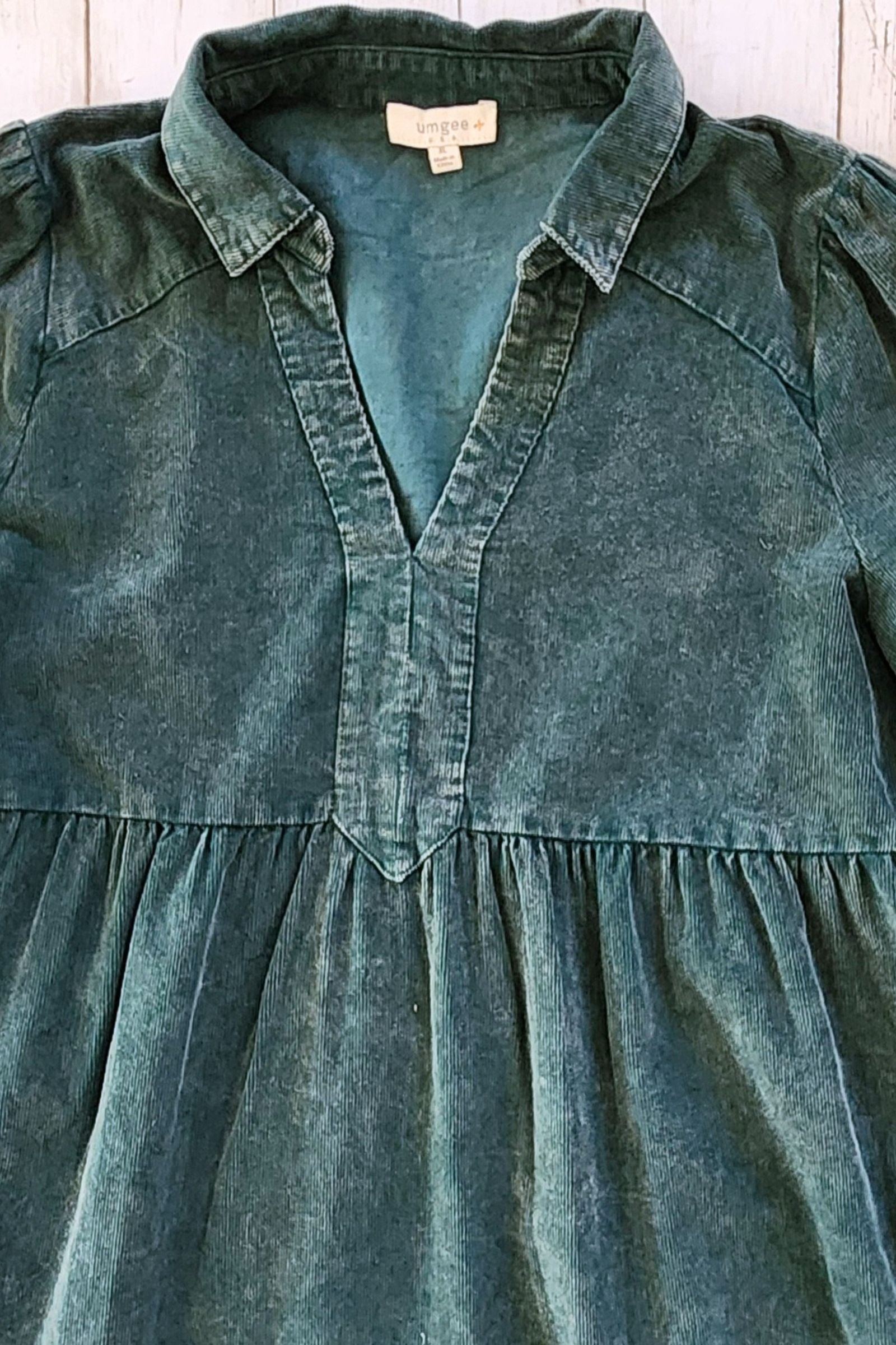 CURVY Green Mineral Wash Corduroy Tiered Dress