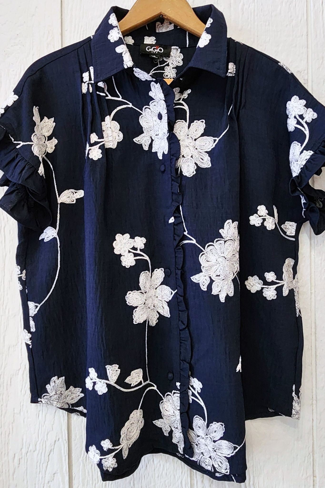 Navy & White Embroidered Floral Blouse