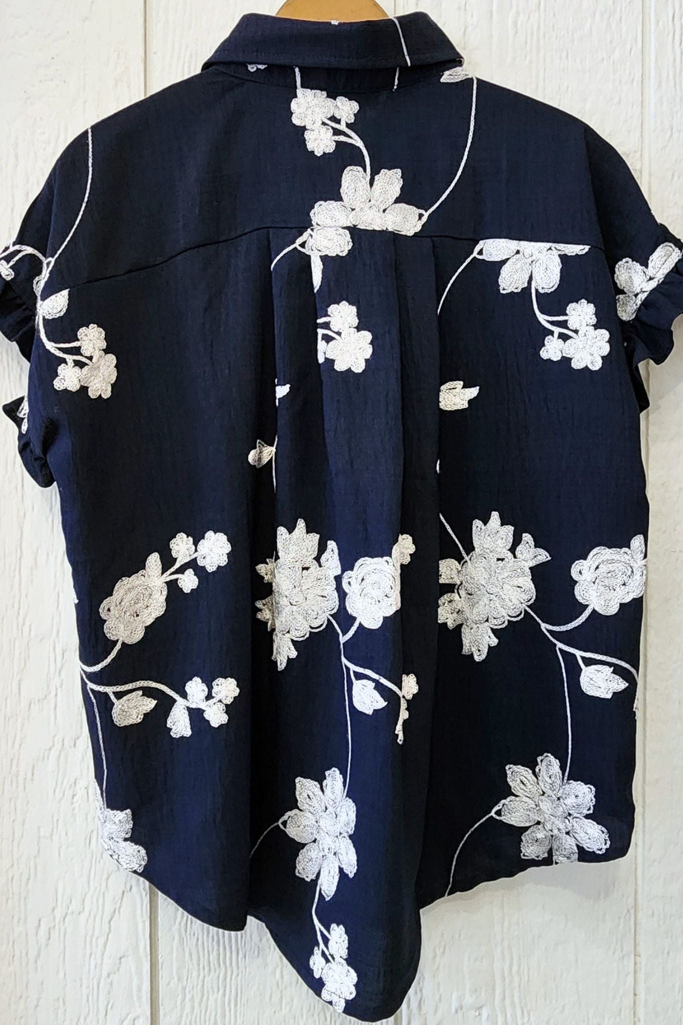 Navy & White Embroidered Floral Blouse