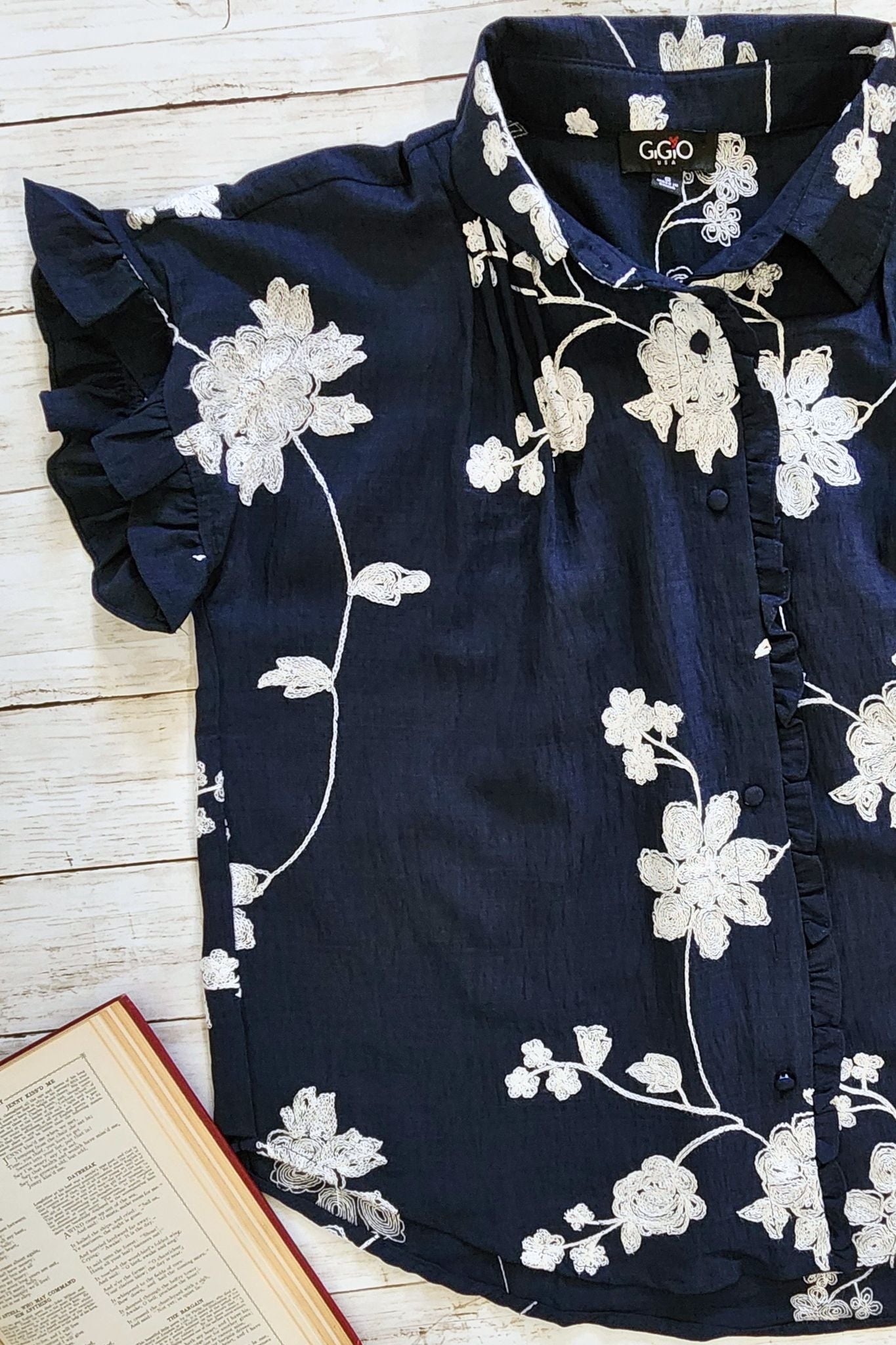Navy & White Embroidered Floral Blouse