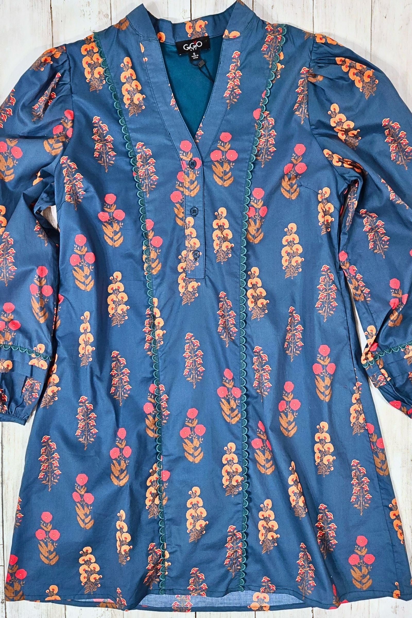 Teal Floral Print Half Button Mini Dress