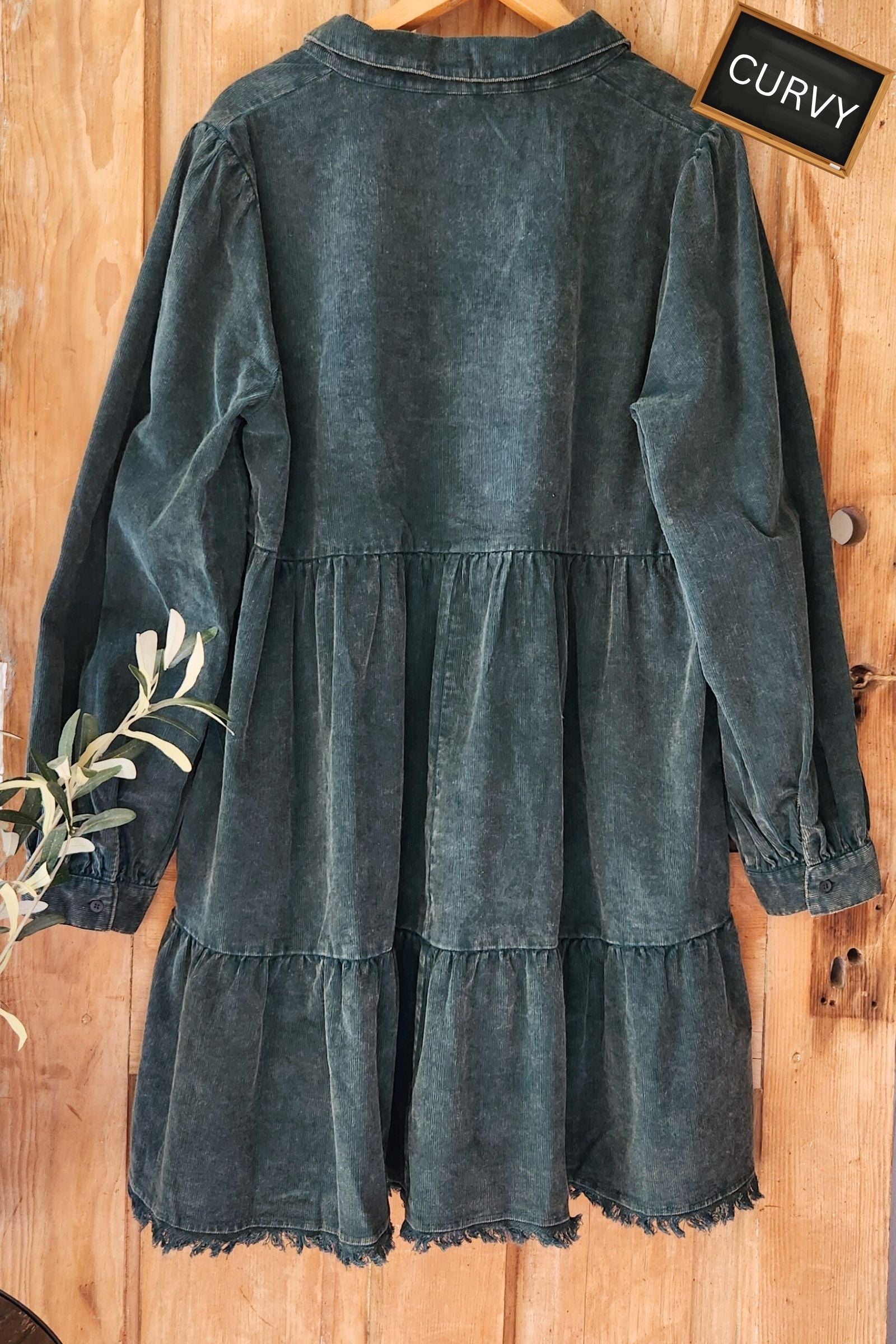 CURVY Green Mineral Wash Corduroy Tiered Dress