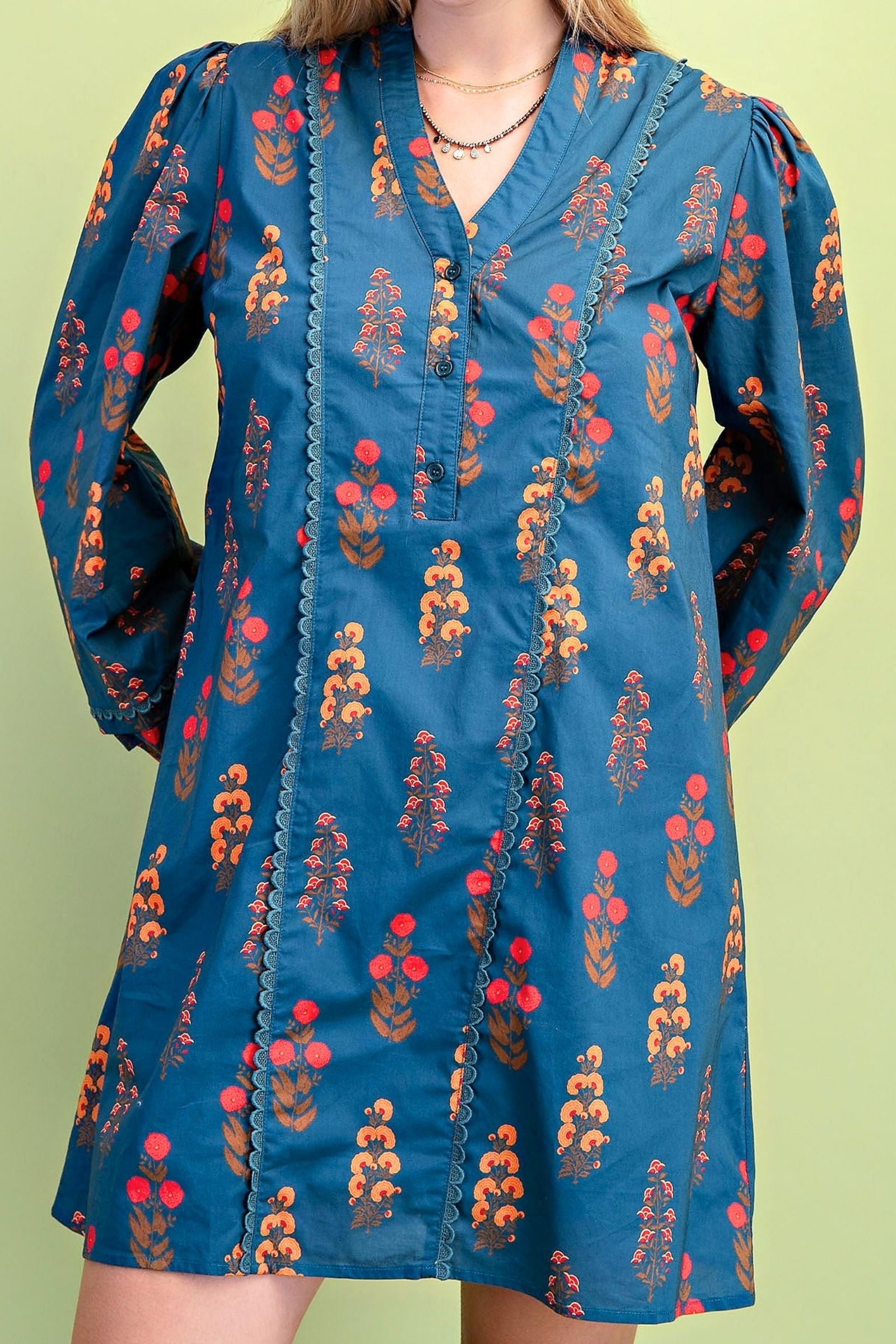 Teal Floral Print Half Button Mini Dress