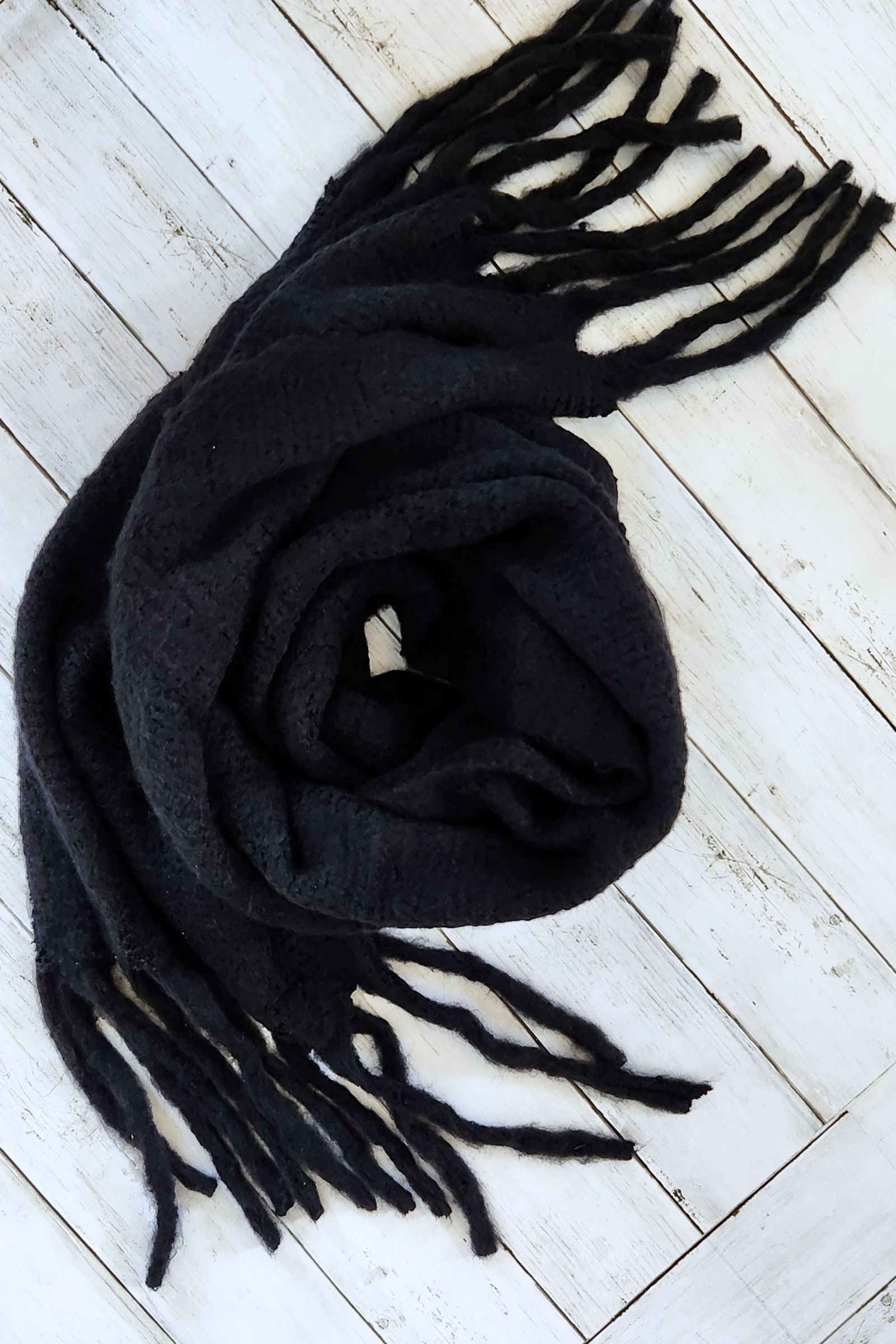 Black Cozy Knit Tassel Scarf