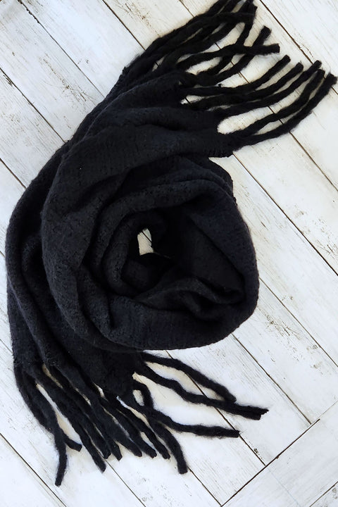 Black Cozy Knit Tassel Scarf