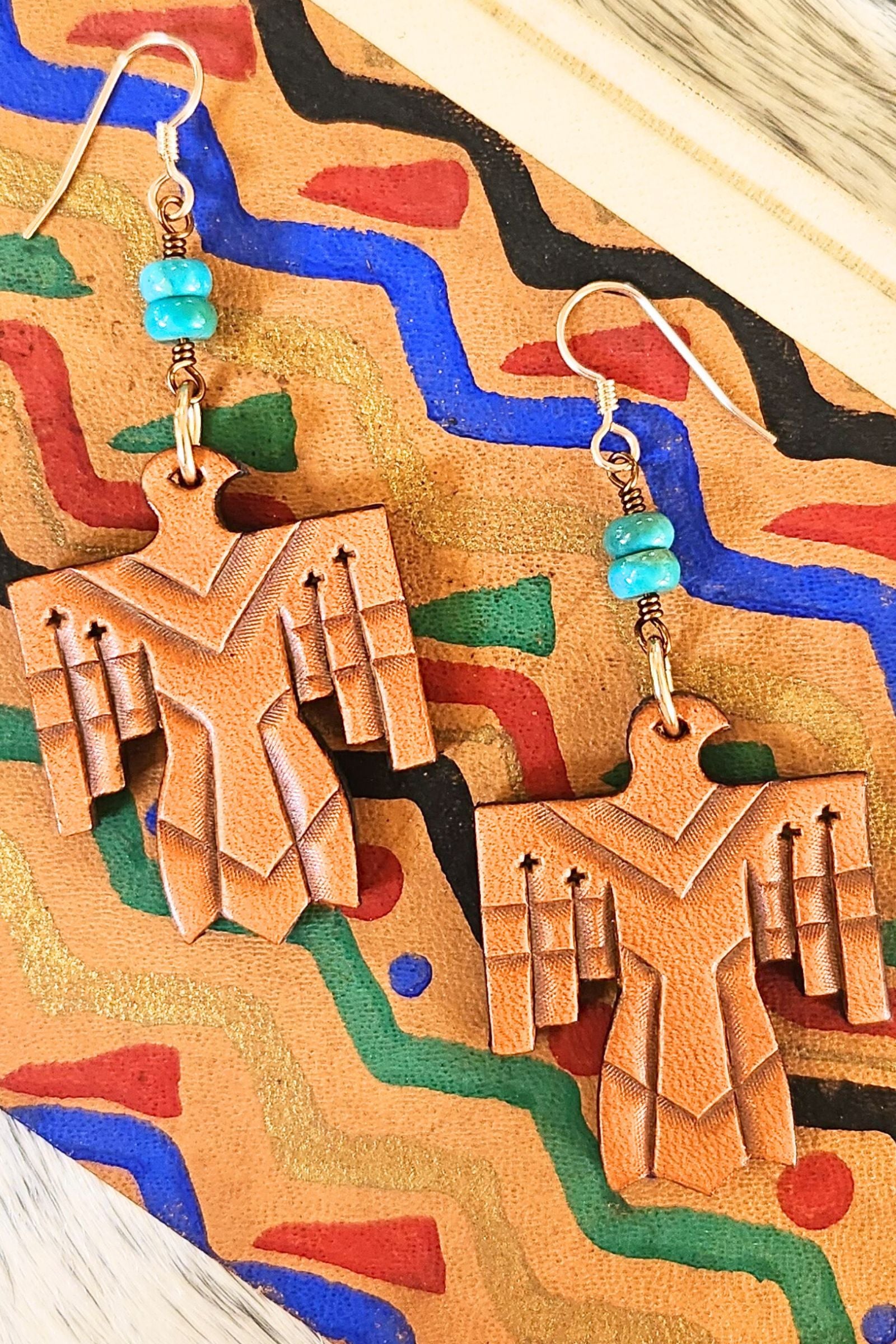 Tooled Leather & Turquoise Thunderbird Earrings