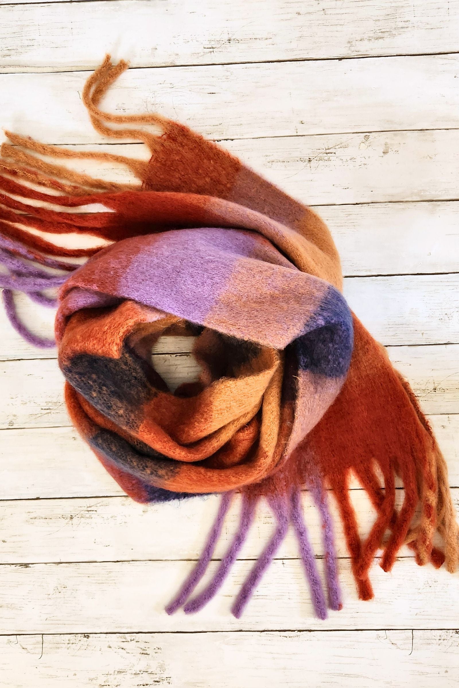 Berry Check Cozy Knit Tassel Scarf